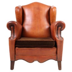 Wingback Chair in Cognac Leather, Denmark, 1940s