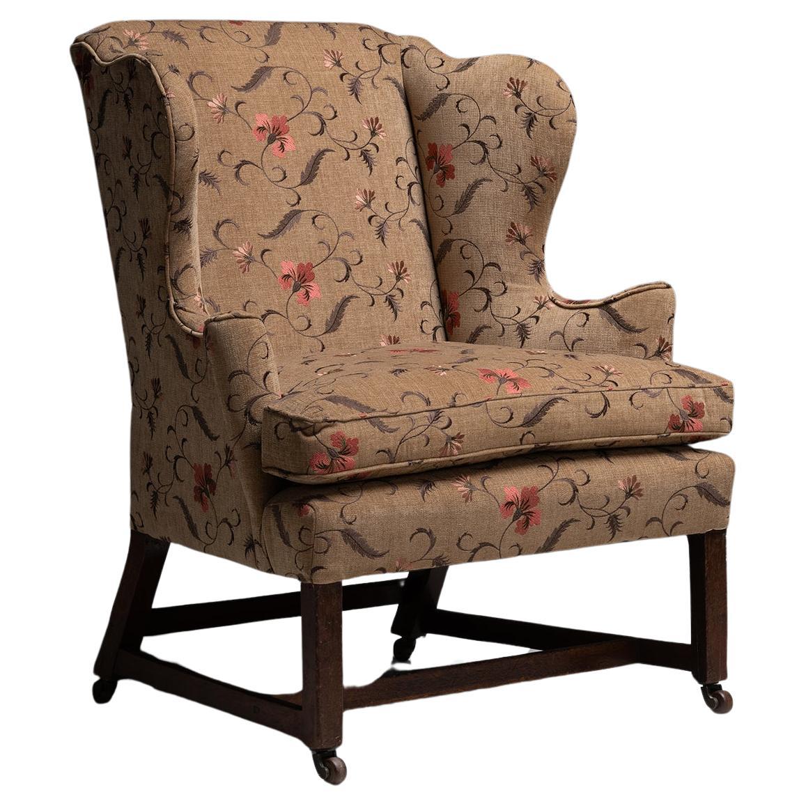 Wingback Chair in Embroidered Linen, England circa 1830 For Sale