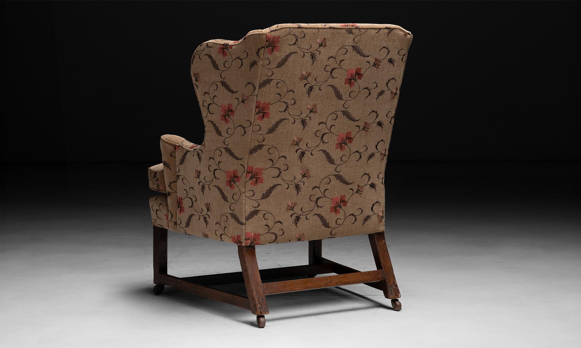Mid-19th Century Wingback Chair in Embroidered Linen, England circa 1830 For Sale