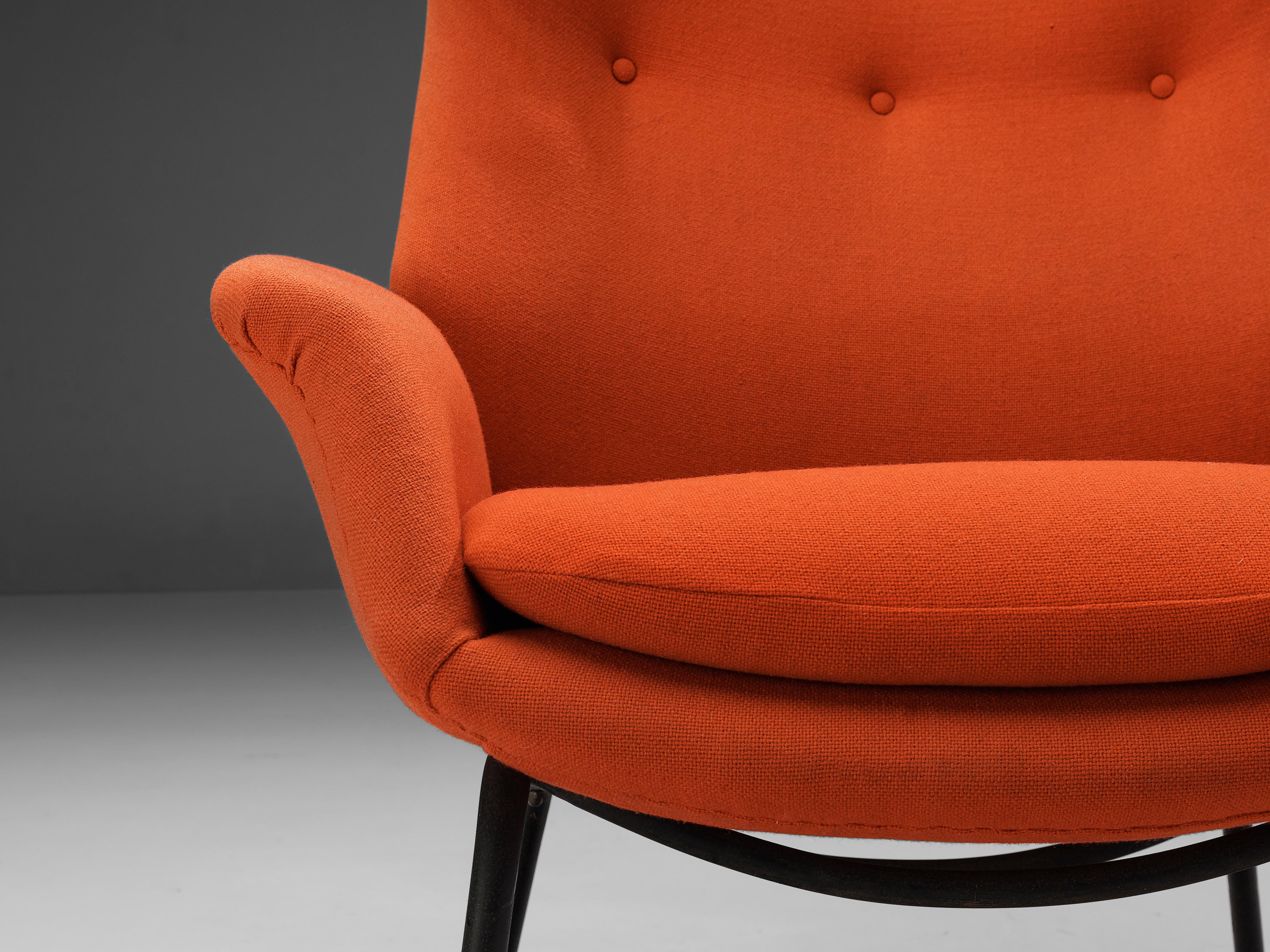 Mid-20th Century Mid-Century Modern Wingback Chair in Orange Fabric and Metal For Sale