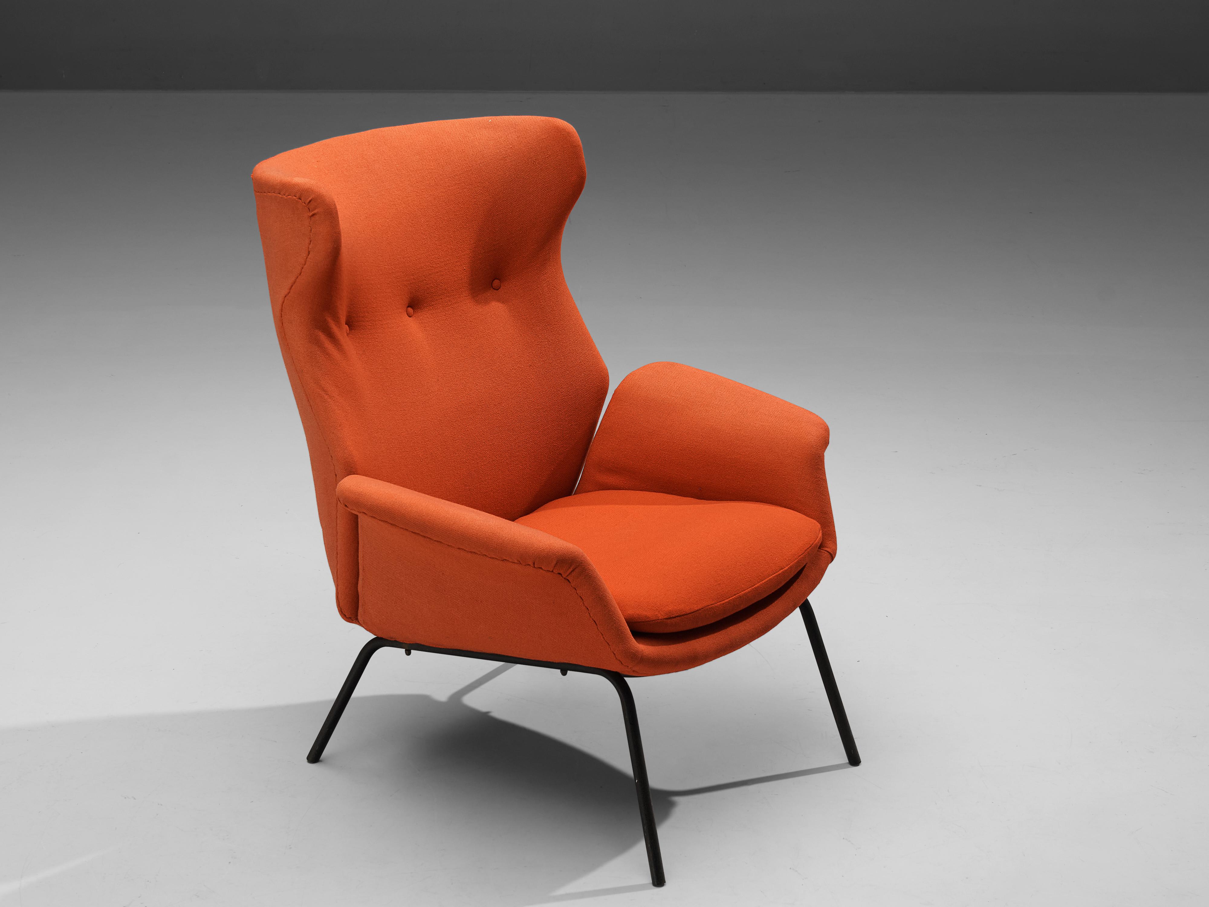 Mid-Century Modern Wingback Chair in Orange Fabric and Metal For Sale 1