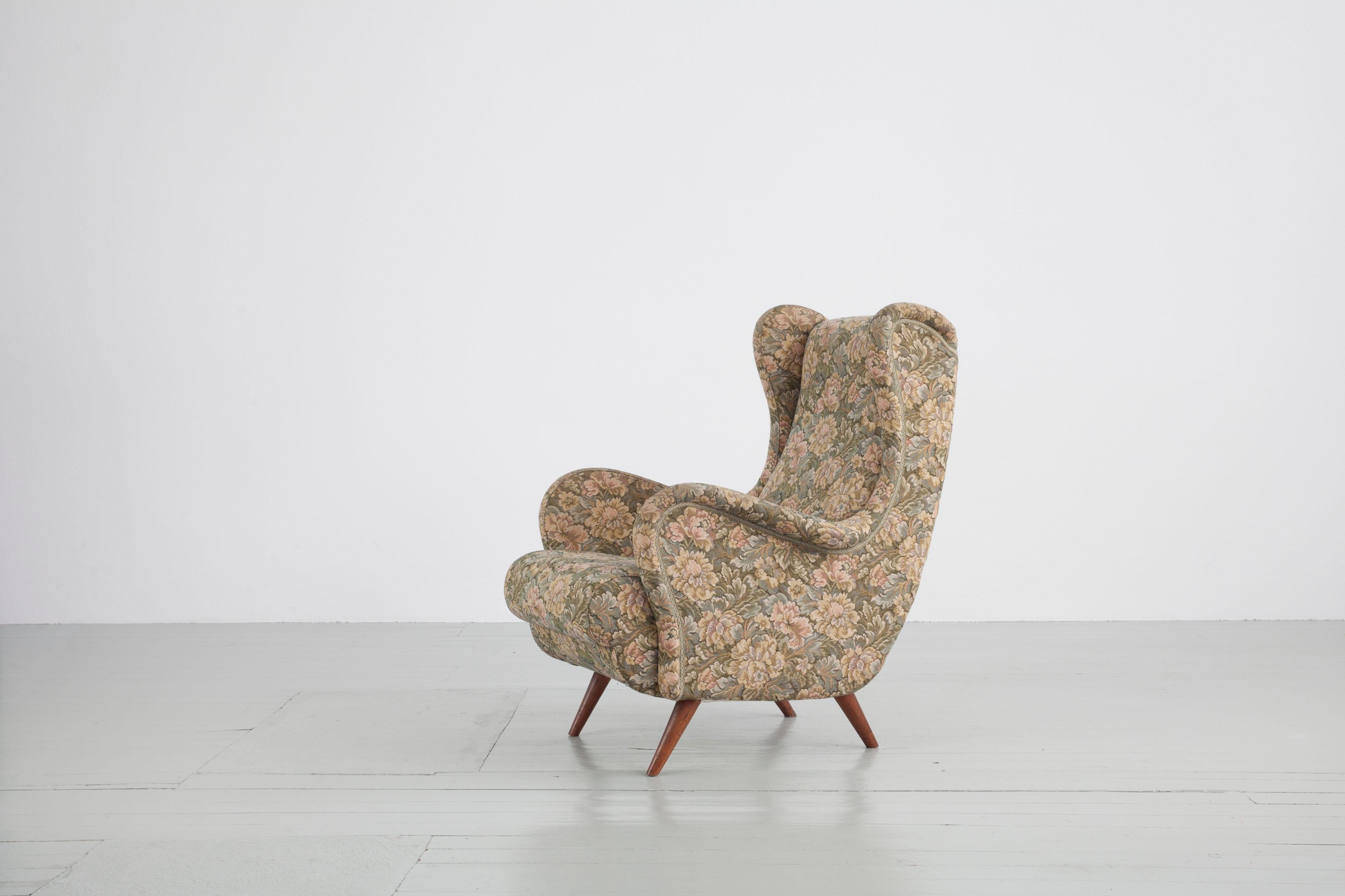 Italian Floral Patterned Fabric Wingback Chair, 1950s 2