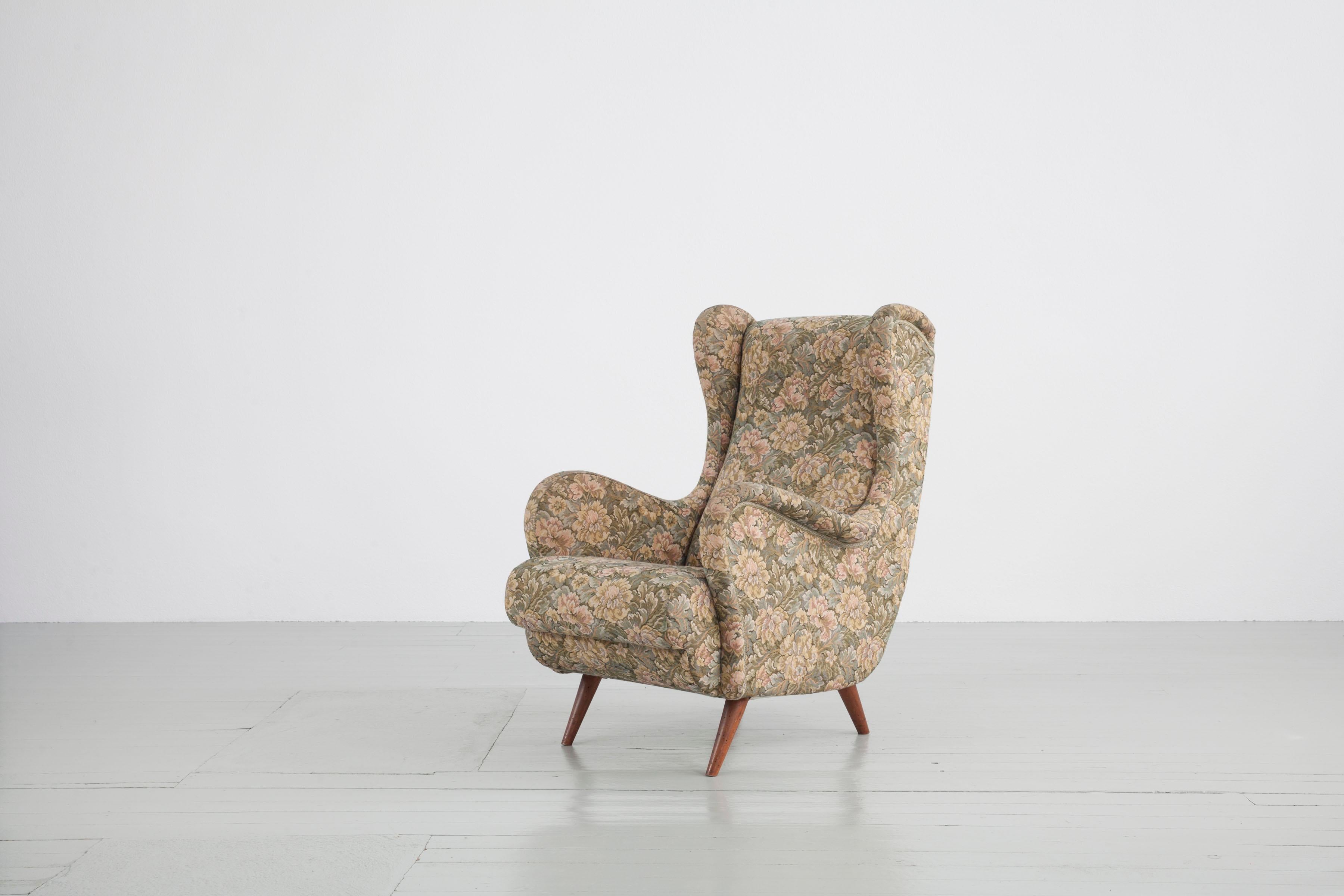 Italian Floral Patterned Fabric Wingback Chair, 1950s 3