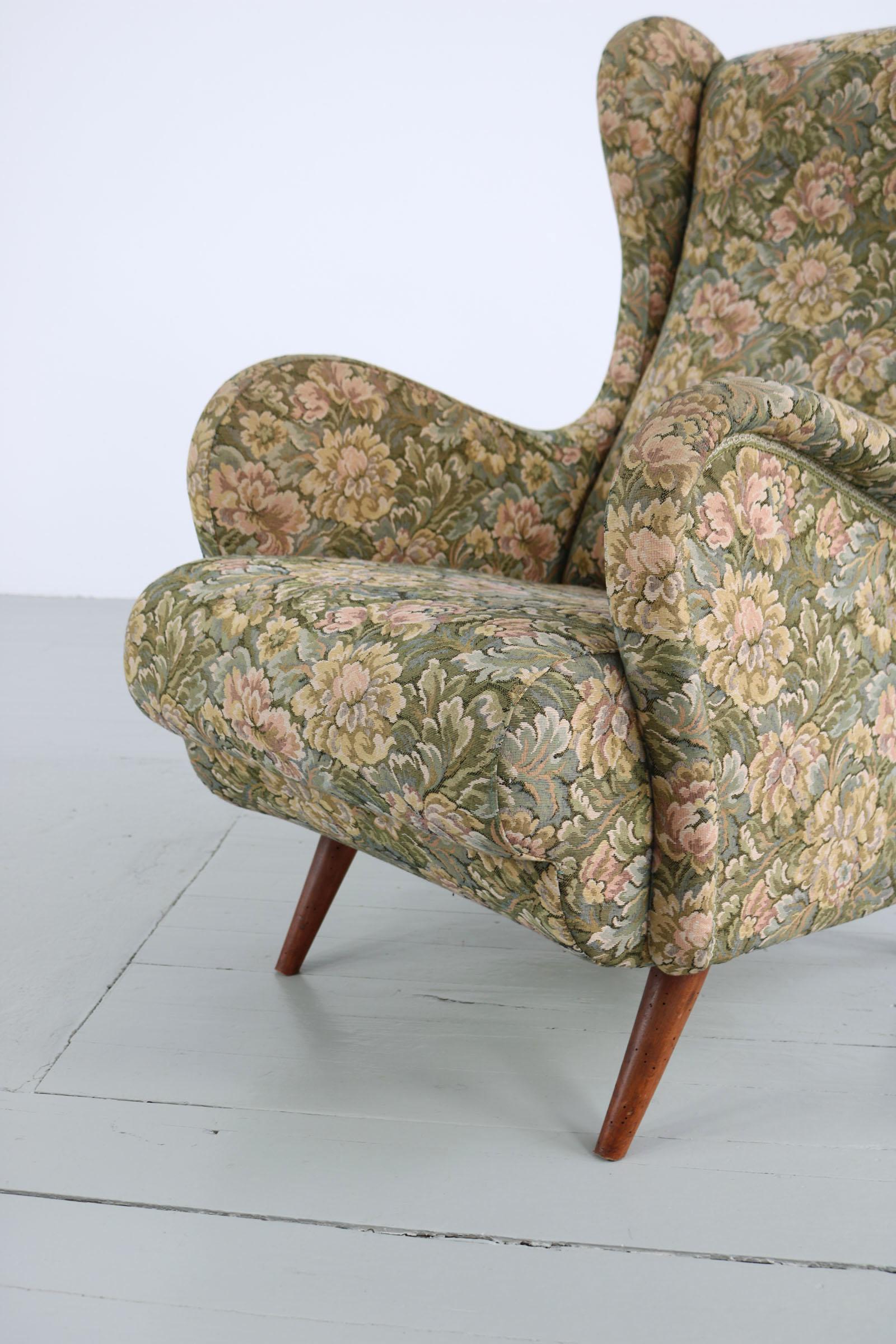 Italian Floral Patterned Fabric Wingback Chair, 1950s 6