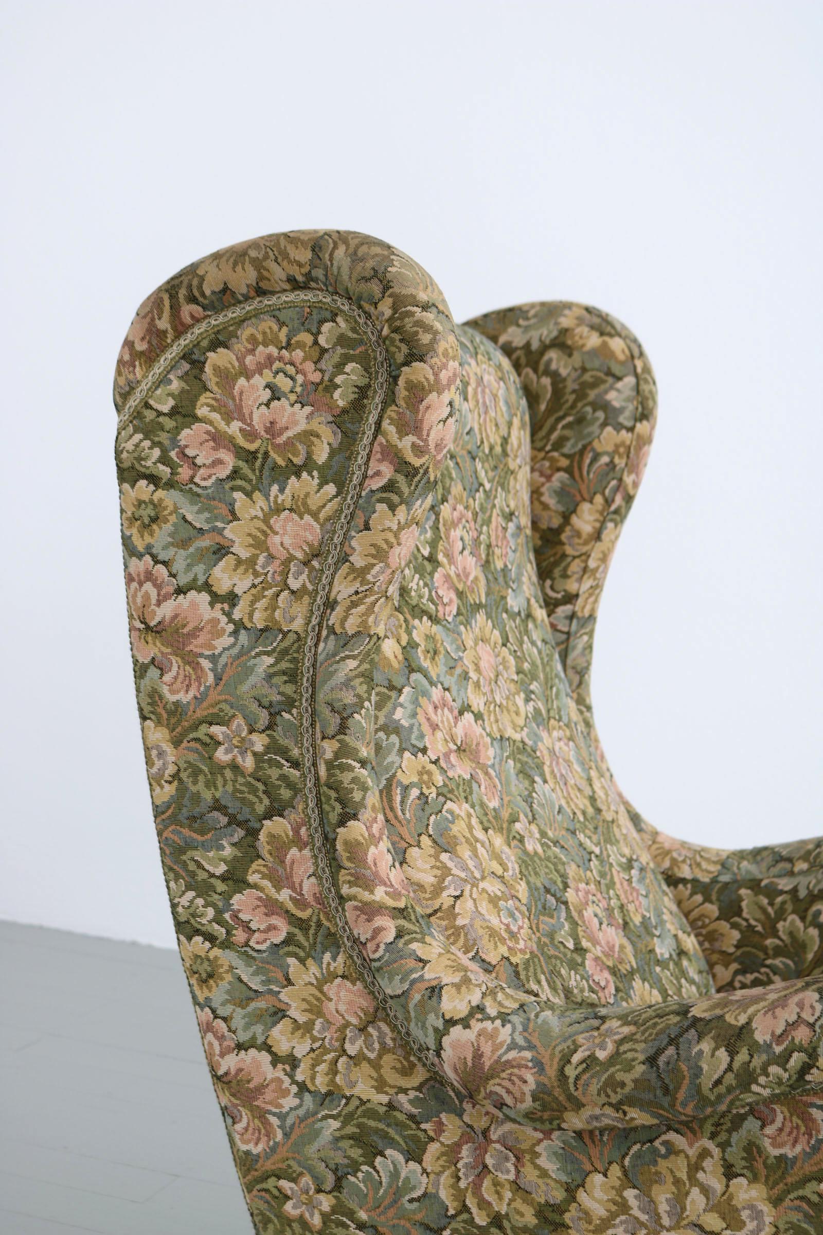 Italian Floral Patterned Fabric Wingback Chair, 1950s 7