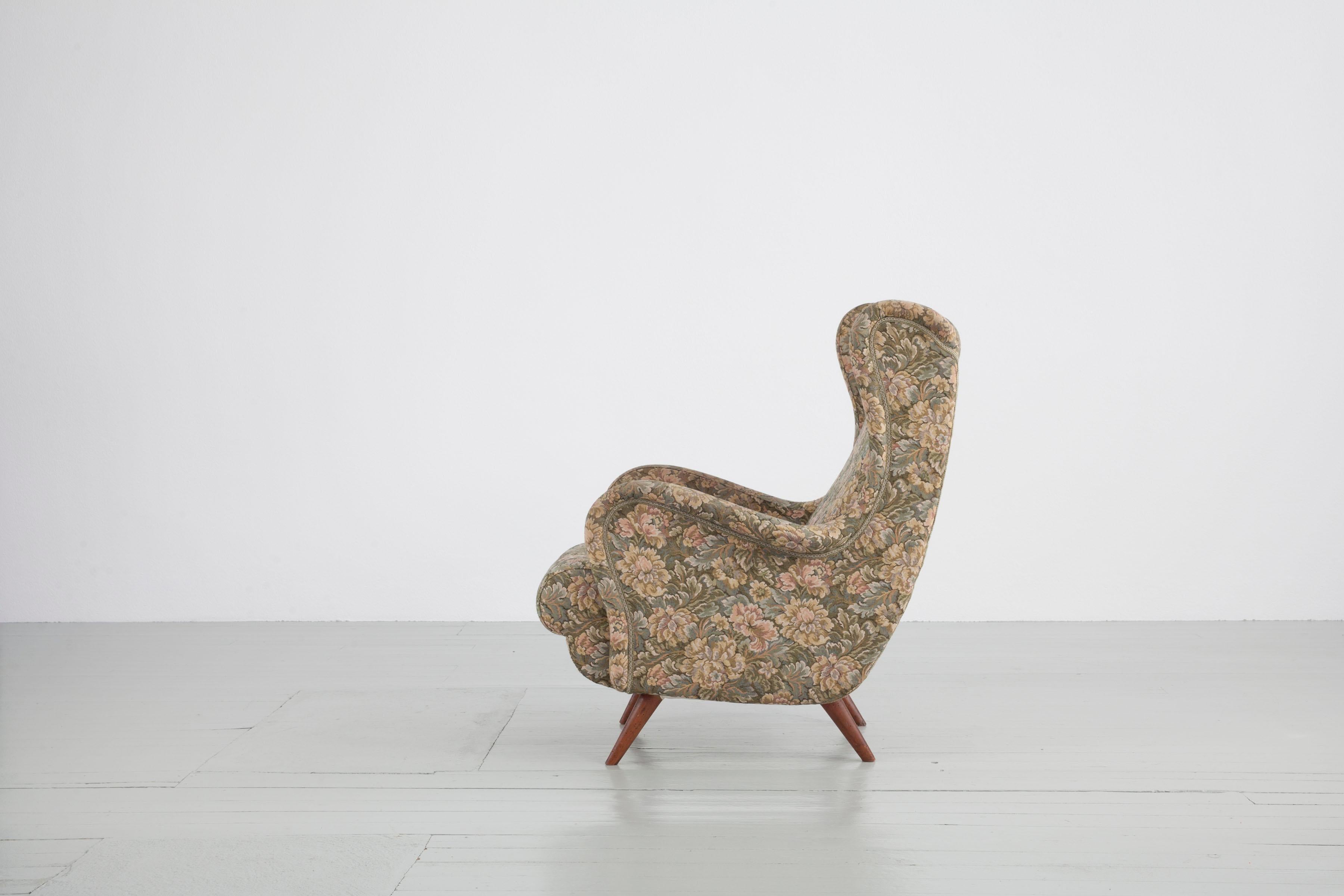 Italian Floral Patterned Fabric Wingback Chair, 1950s 1