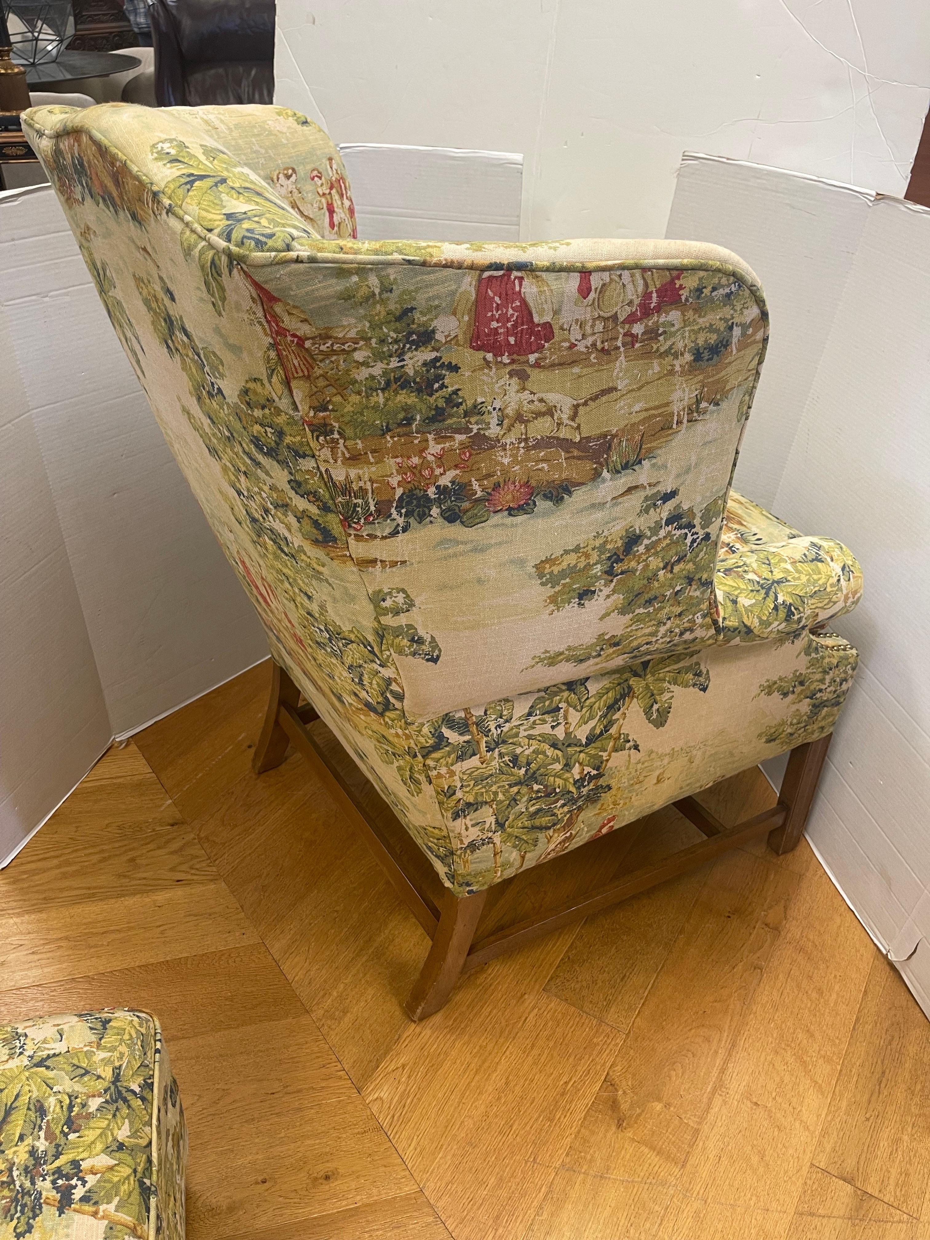 Custom Newly Upholstered Wingback Chair & Ottoman in French Toile  2