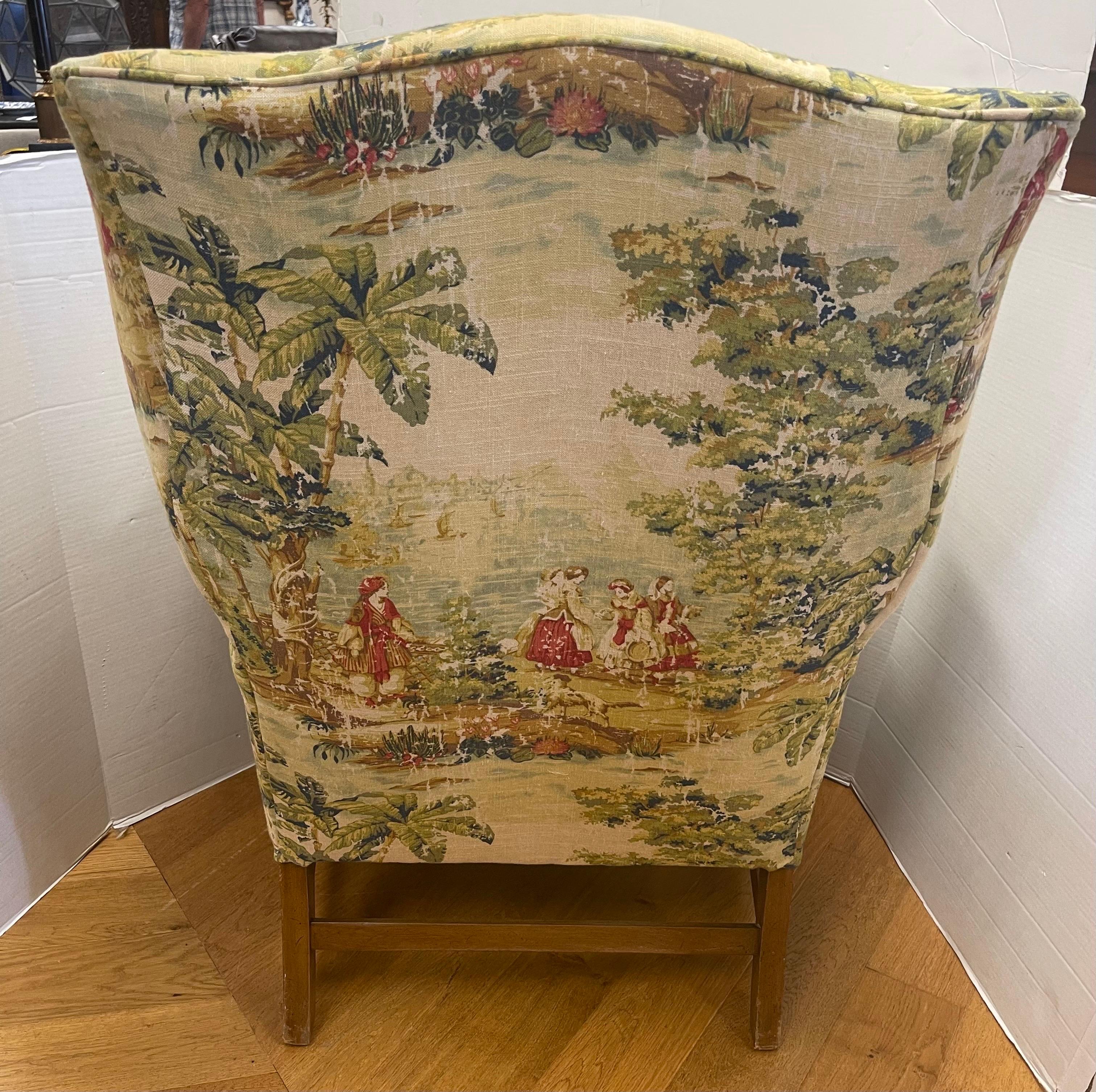 Custom Newly Upholstered Wingback Chair & Ottoman in French Toile 5