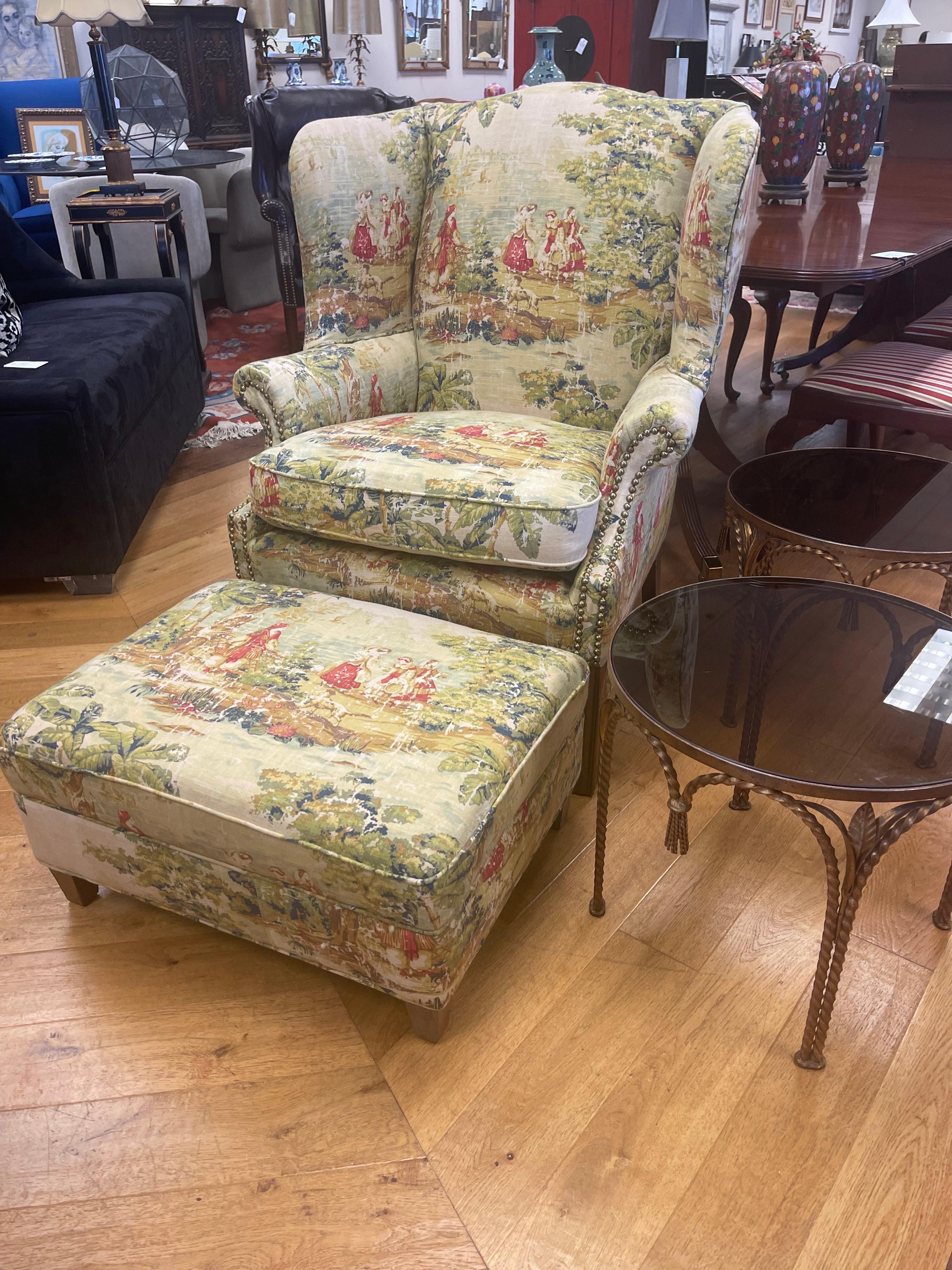 Custom Newly Upholstered Wingback Chair & Ottoman in French Toile  In Good Condition In West Hartford, CT