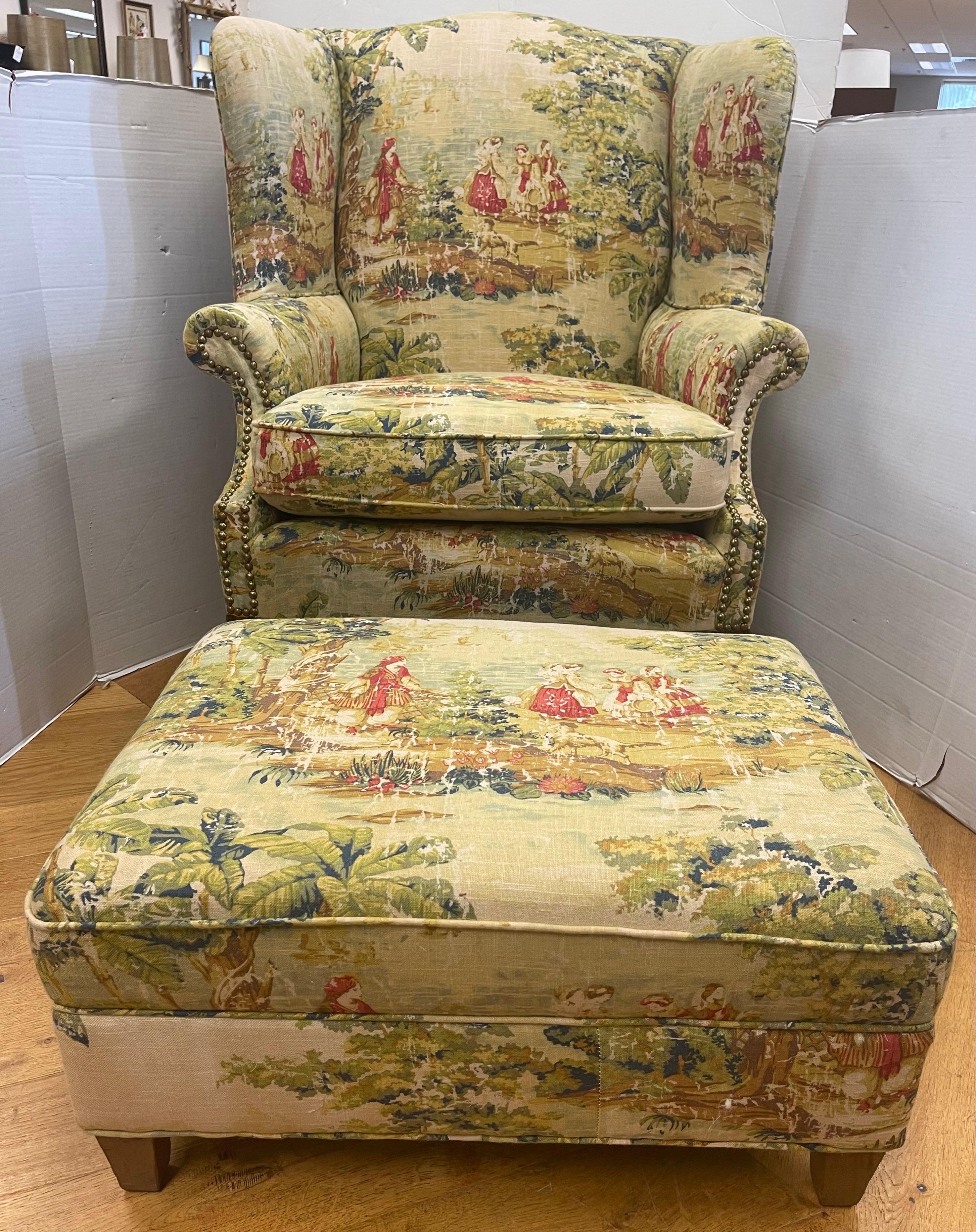 20th Century Custom Newly Upholstered Wingback Chair & Ottoman in French Toile 