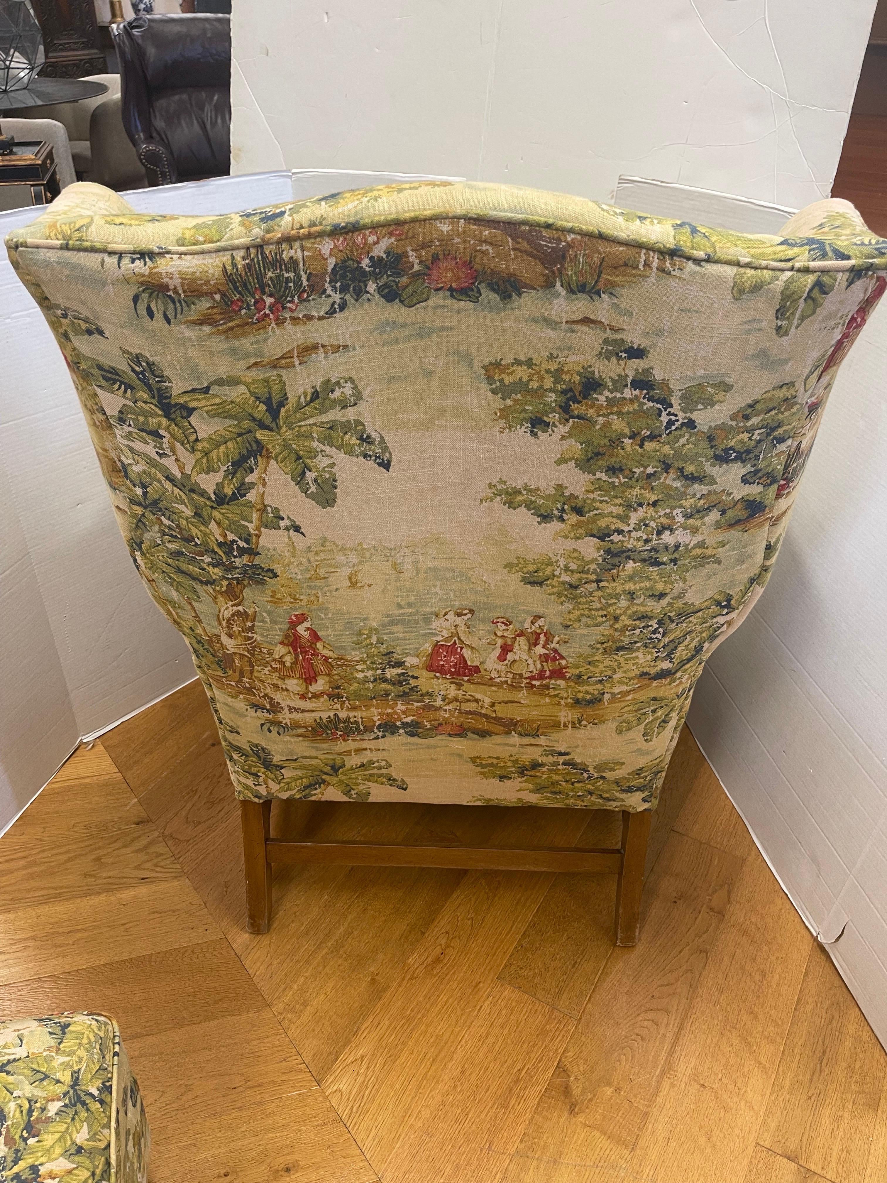 Custom Newly Upholstered Wingback Chair & Ottoman in French Toile  1