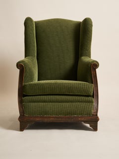 Wingback Chair Upholstered in Green Corduroy, France, 1930-1939