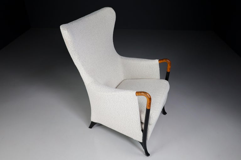 Metal Wingback Chairs by Umberto Asnago for Giorgetti / Progetti in Bouclé Wool Fabric For Sale