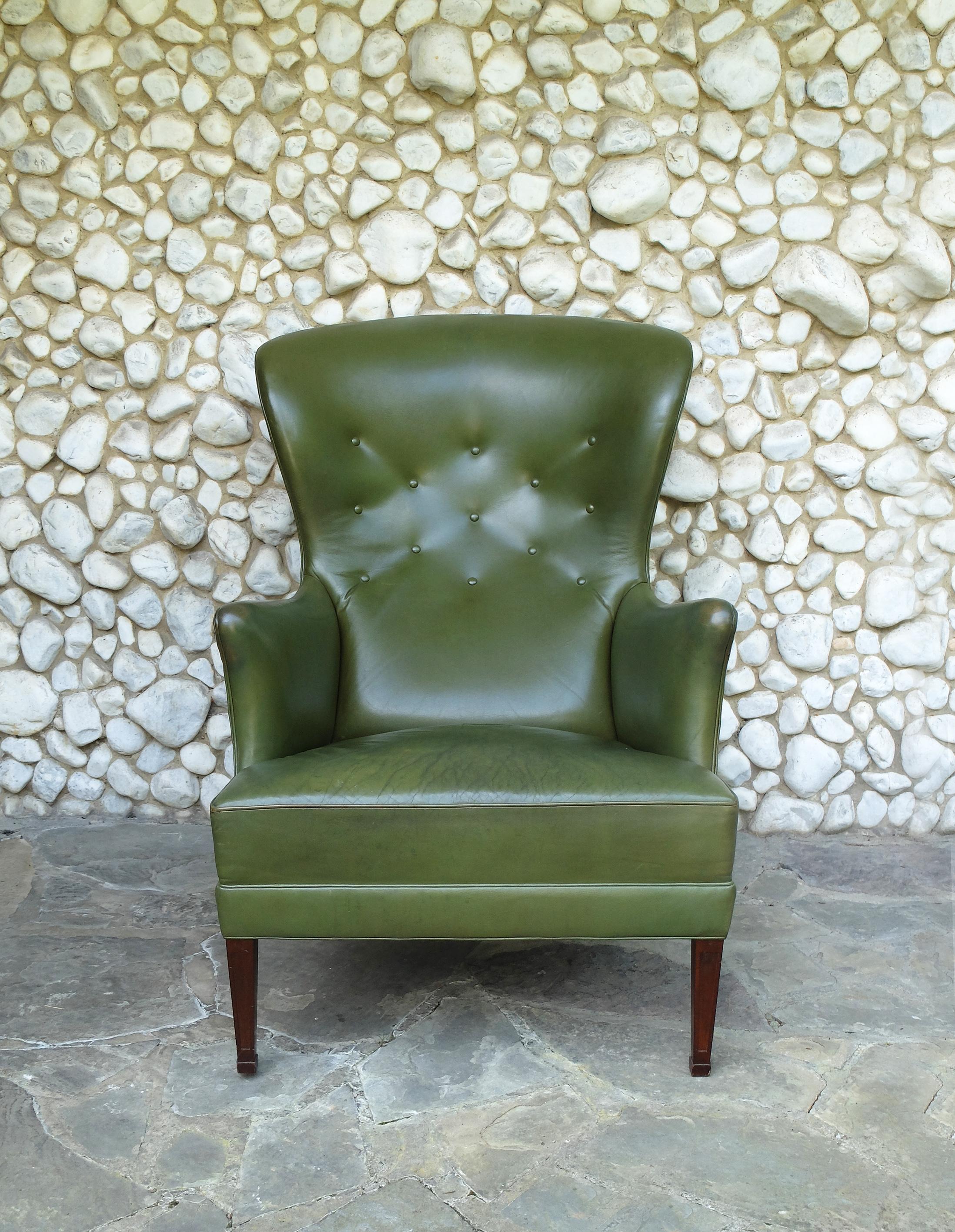 Wingback Easy Chair with Provenance in Green Leather by Frits Henningsen Denmark 3