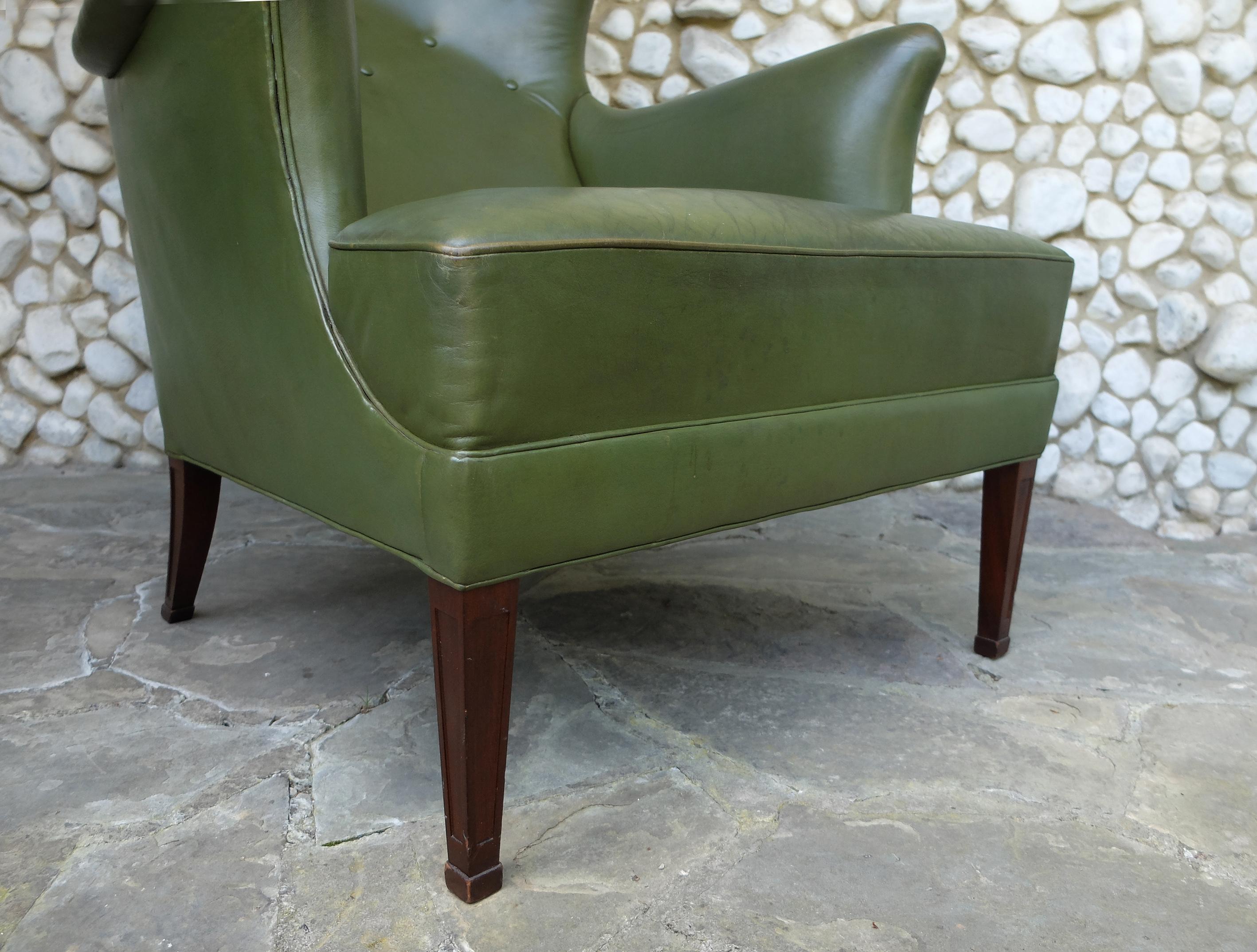 Wingback Easy Chair with Provenance in Green Leather by Frits Henningsen Denmark 4