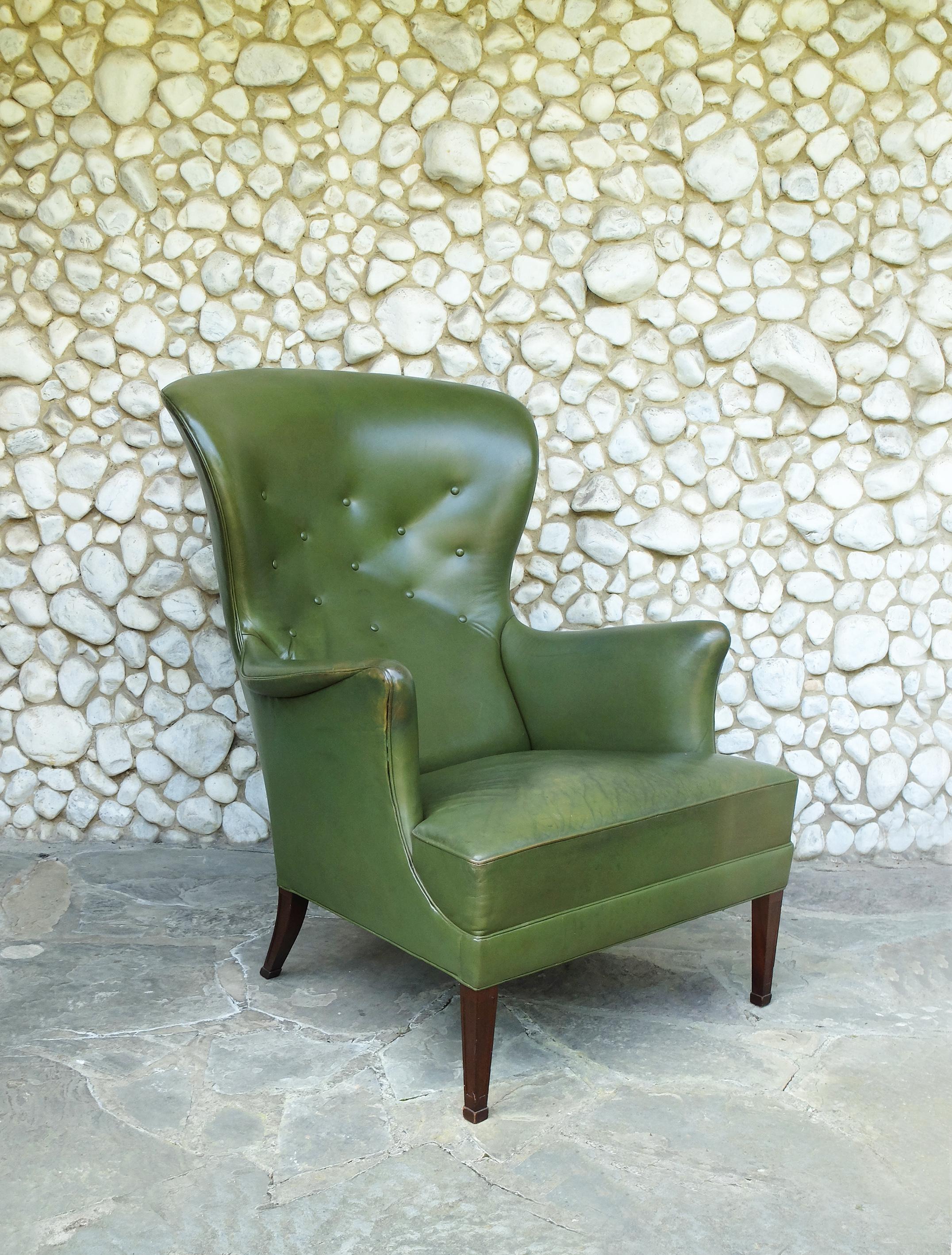 Wingback Easy Chair with Provenance in Green Leather by Frits Henningsen Denmark 5