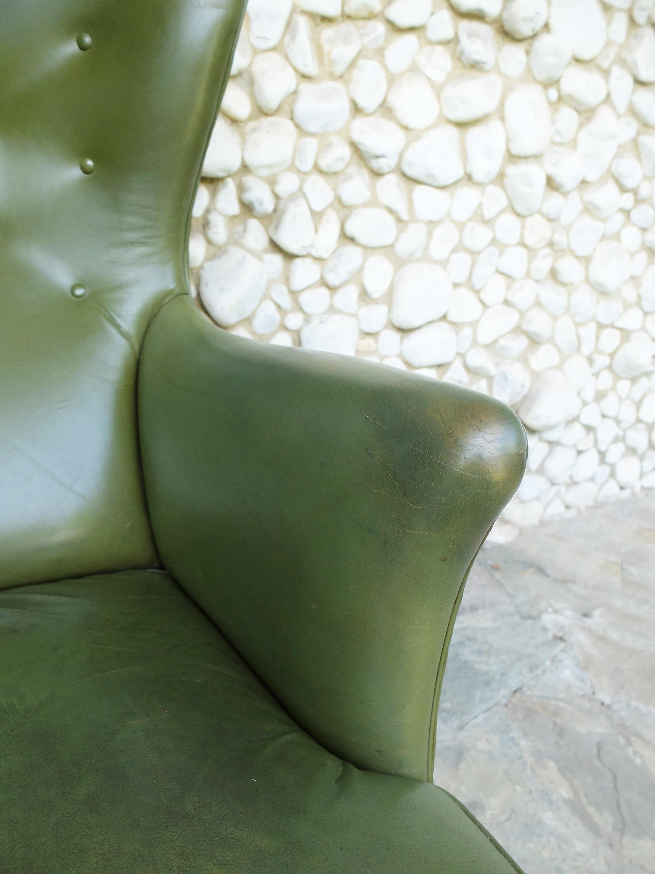Wingback Easy Chair with Provenance in Green Leather by Frits Henningsen Denmark 6
