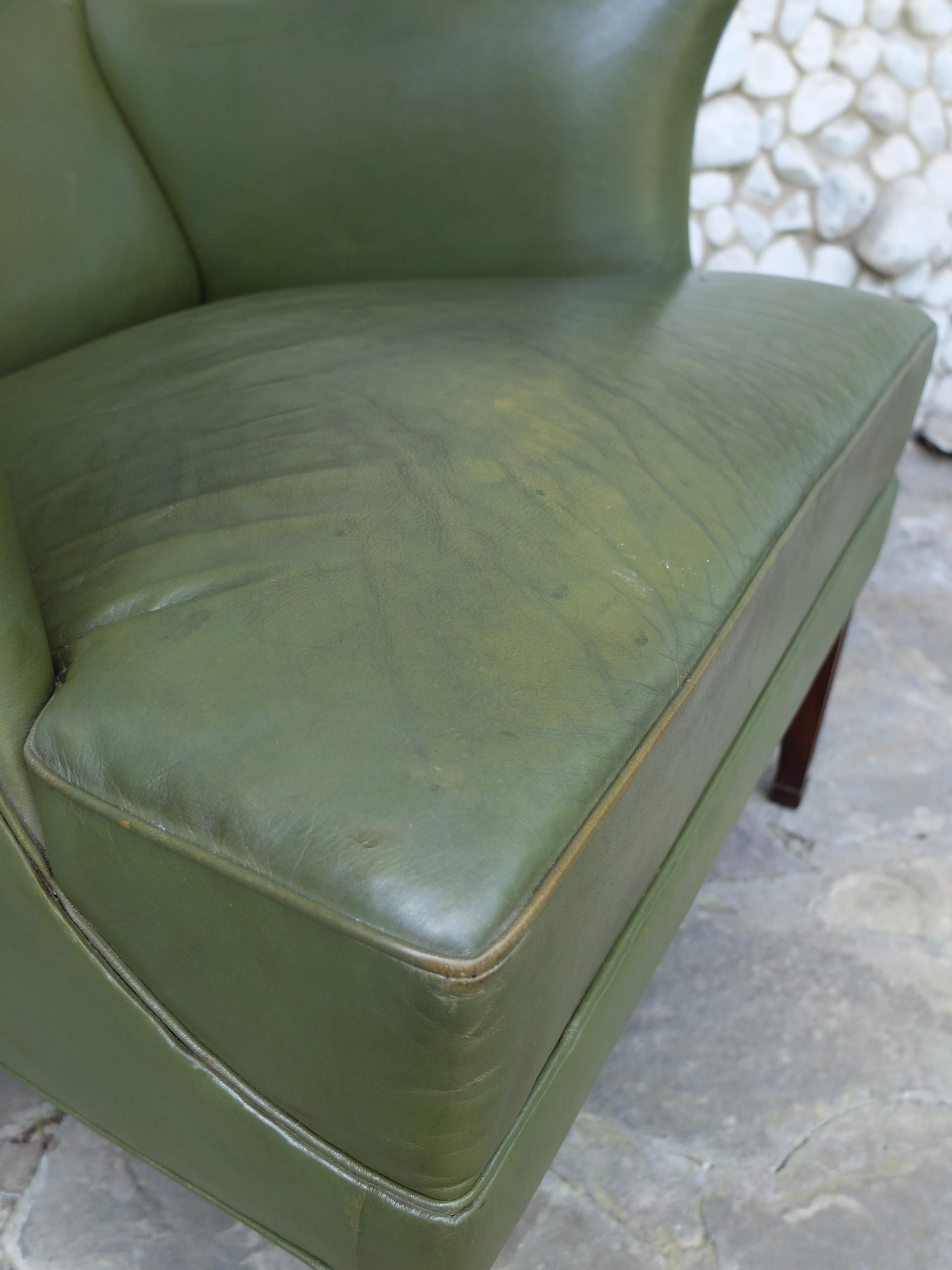 Wingback Easy Chair with Provenance in Green Leather by Frits Henningsen Denmark 8