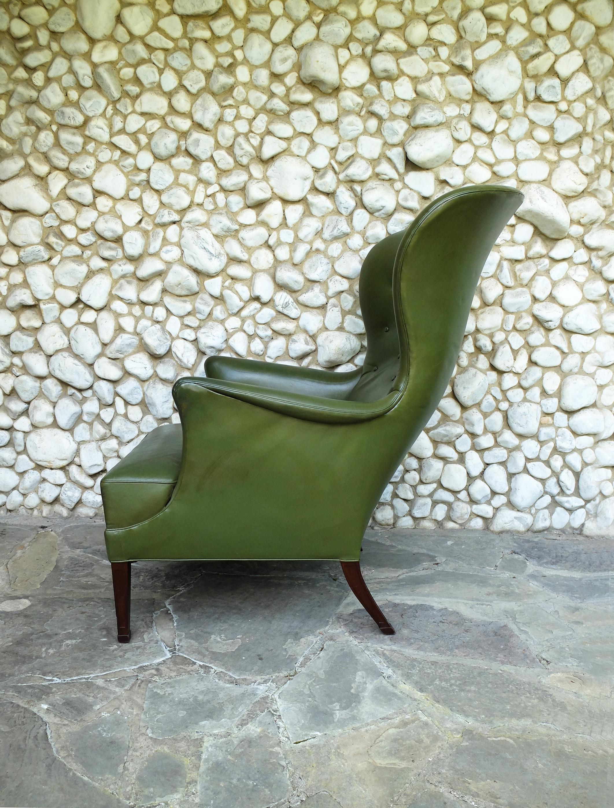 Mid-Century Modern Wingback Easy Chair with Provenance in Green Leather by Frits Henningsen Denmark
