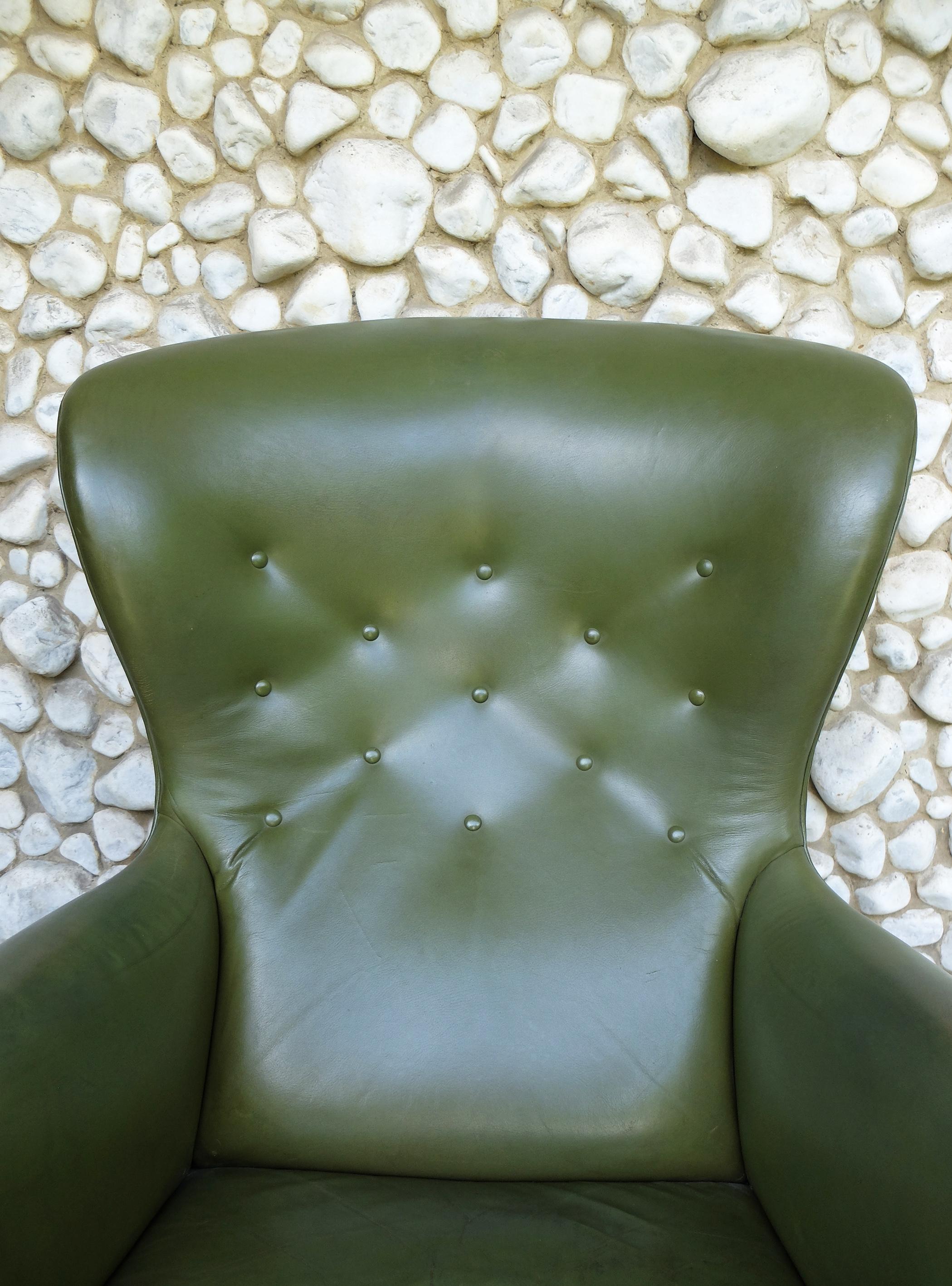 Danish Wingback Easy Chair with Provenance in Green Leather by Frits Henningsen Denmark