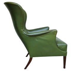 Retro Wingback Easy Chair with Provenance in Green Leather by Frits Henningsen Denmark