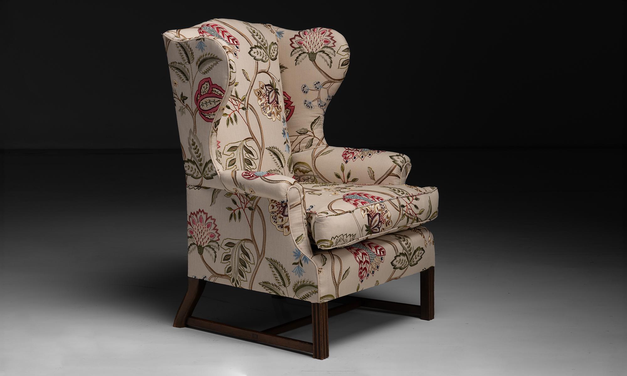 19th Century Wingback in Embroidered Linen by Pierre Frey, England circa 1890 For Sale