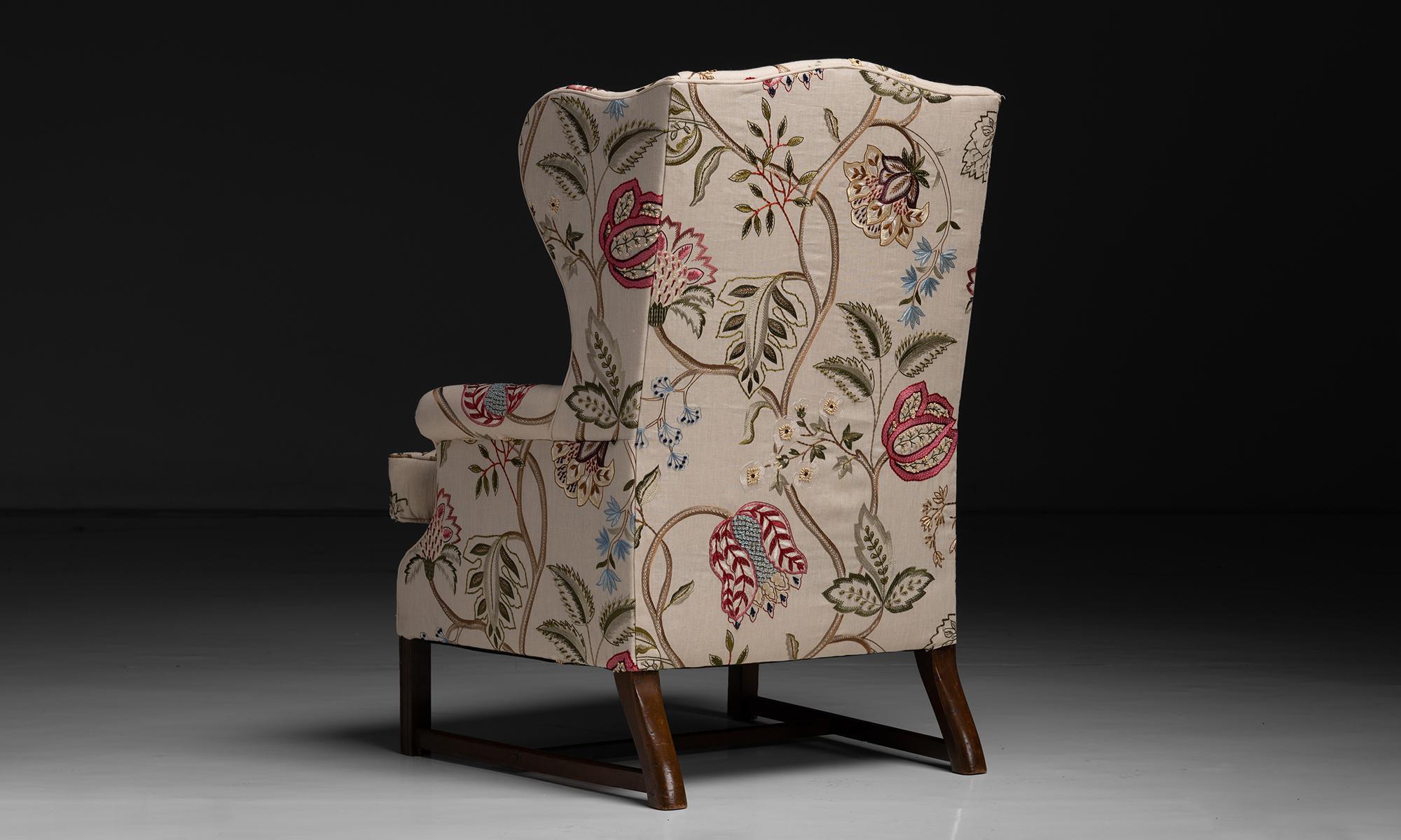 Wingback in Embroidered Linen by Pierre Frey, England circa 1890 For Sale 1