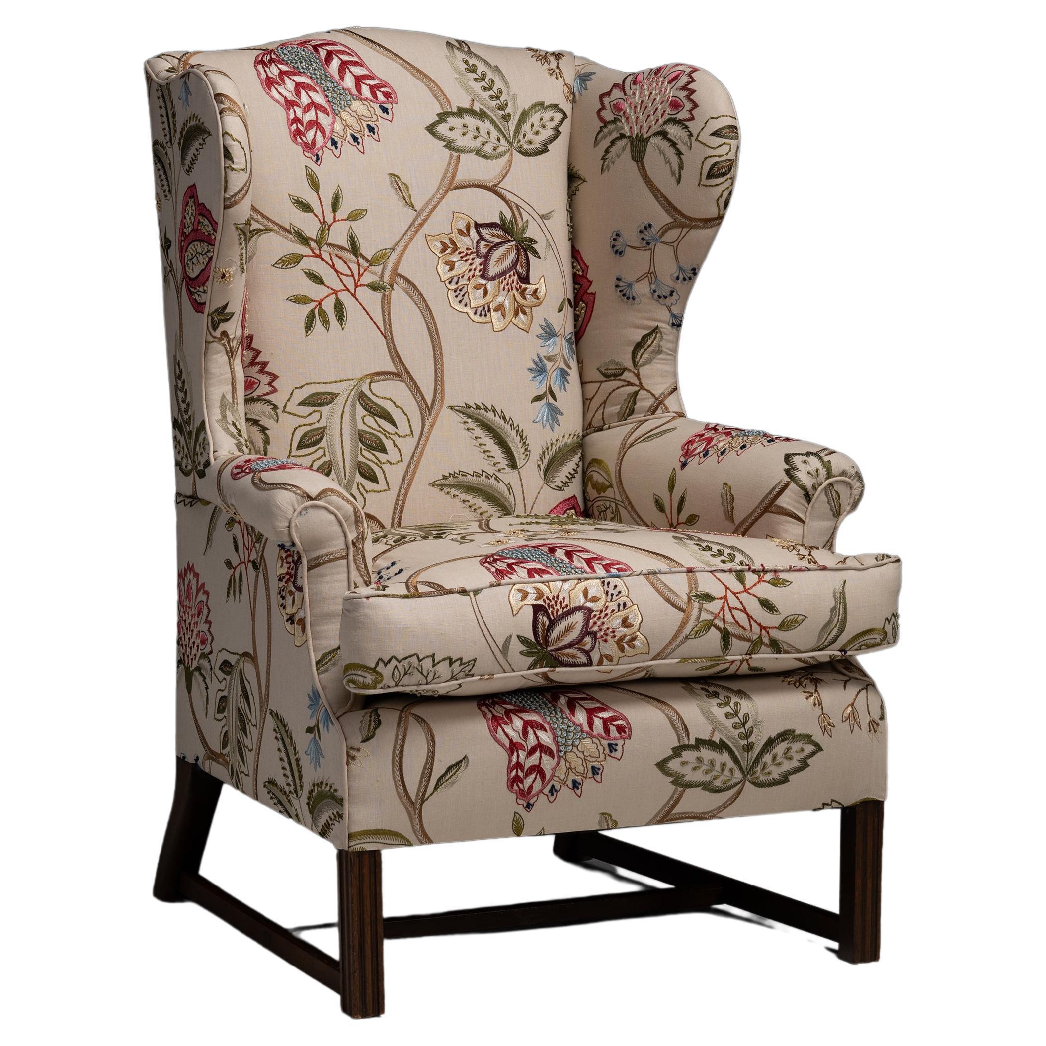 Wingback in Embroidered Linen by Pierre Frey, England circa 1890 For Sale