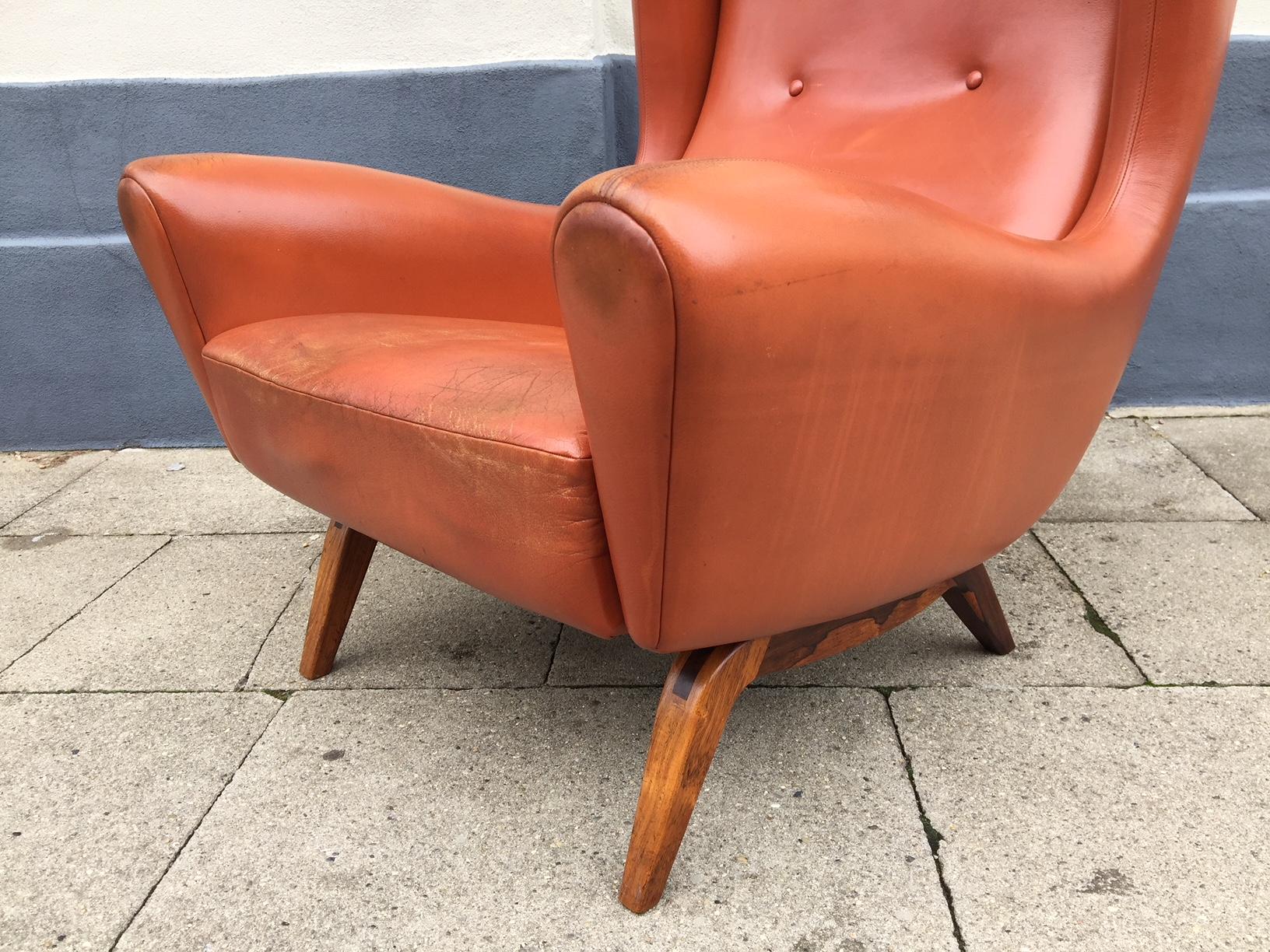 Danish Wingback Leather and Rosewood Easy Chair by Illum Wikkelsø for Søren Wlladsen