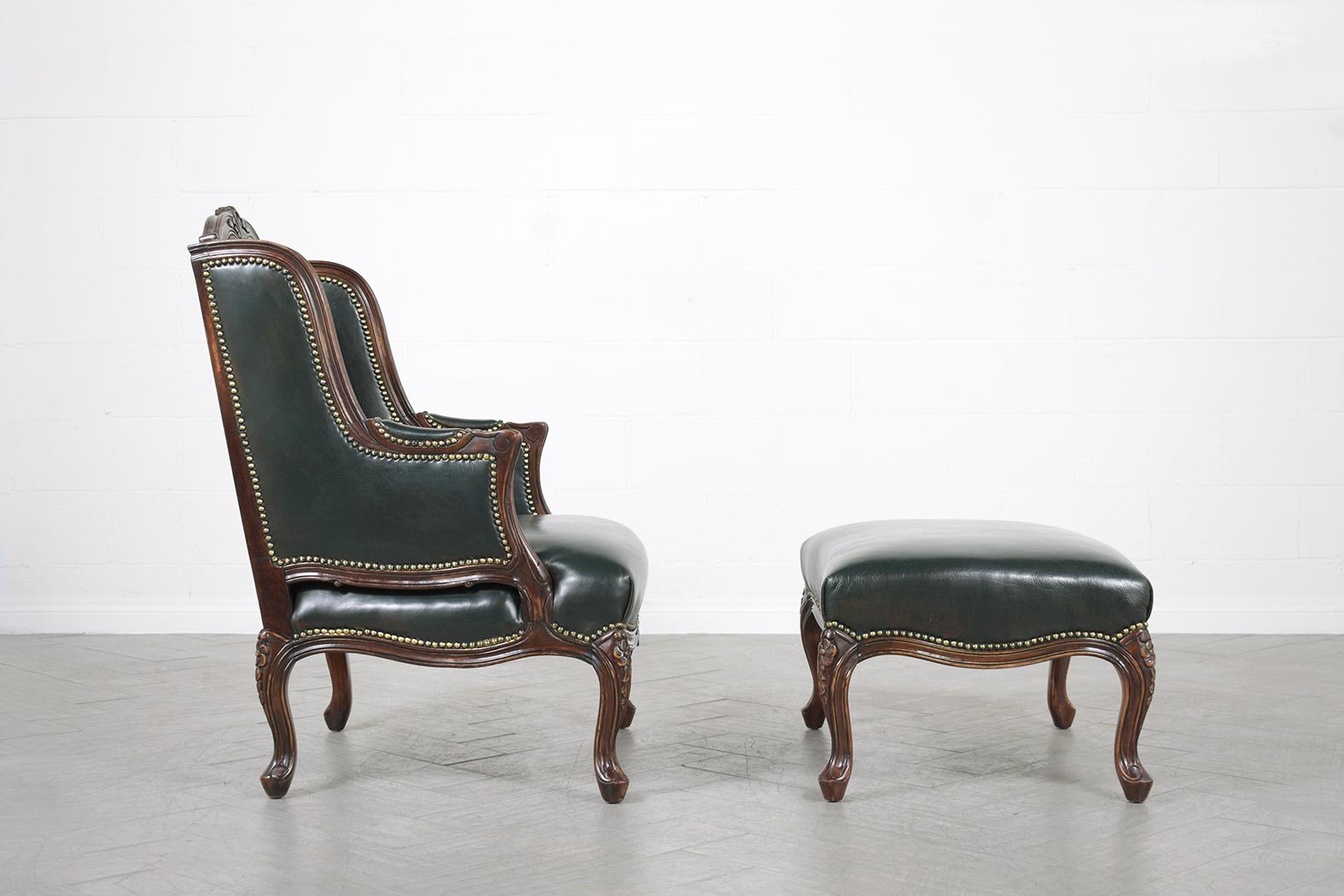 An extraordinary leather wingback chair with an ottoman in great condition that has been completely restored by our professional craftsman team in the house this 1970s set is hand-crafted out of a wood and leather combination this fabulous