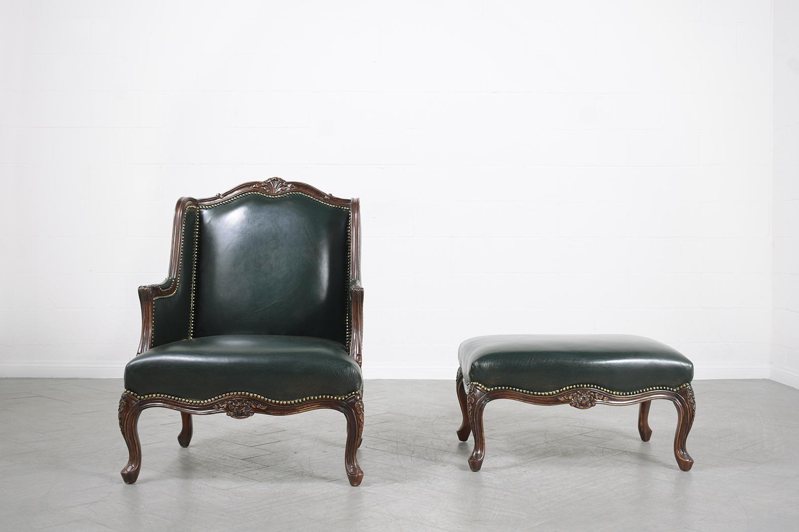 Louis XV Wingback Leather Chair and Ottoman