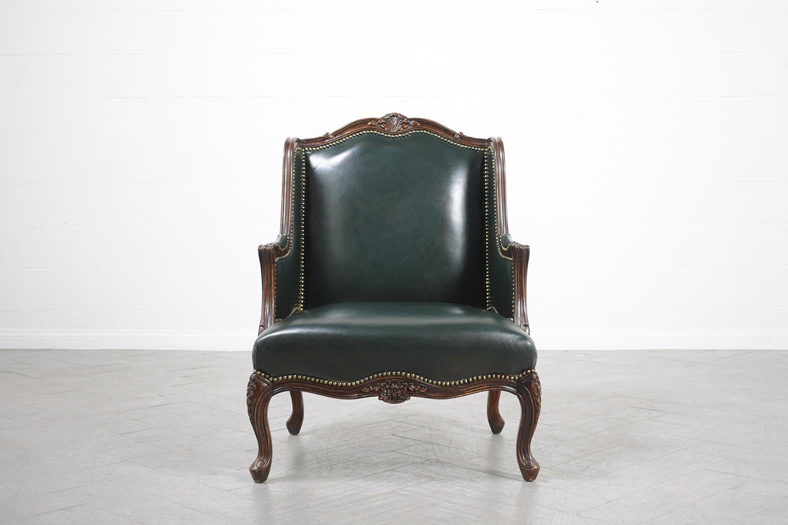Carved Wingback Leather Chair and Ottoman