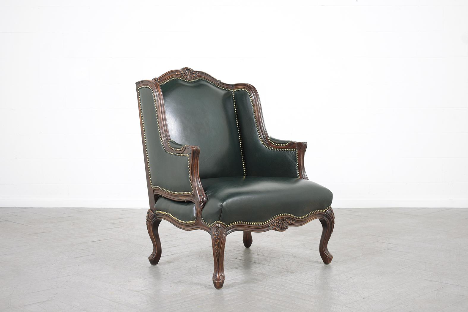 Brass Wingback Leather Chair and Ottoman