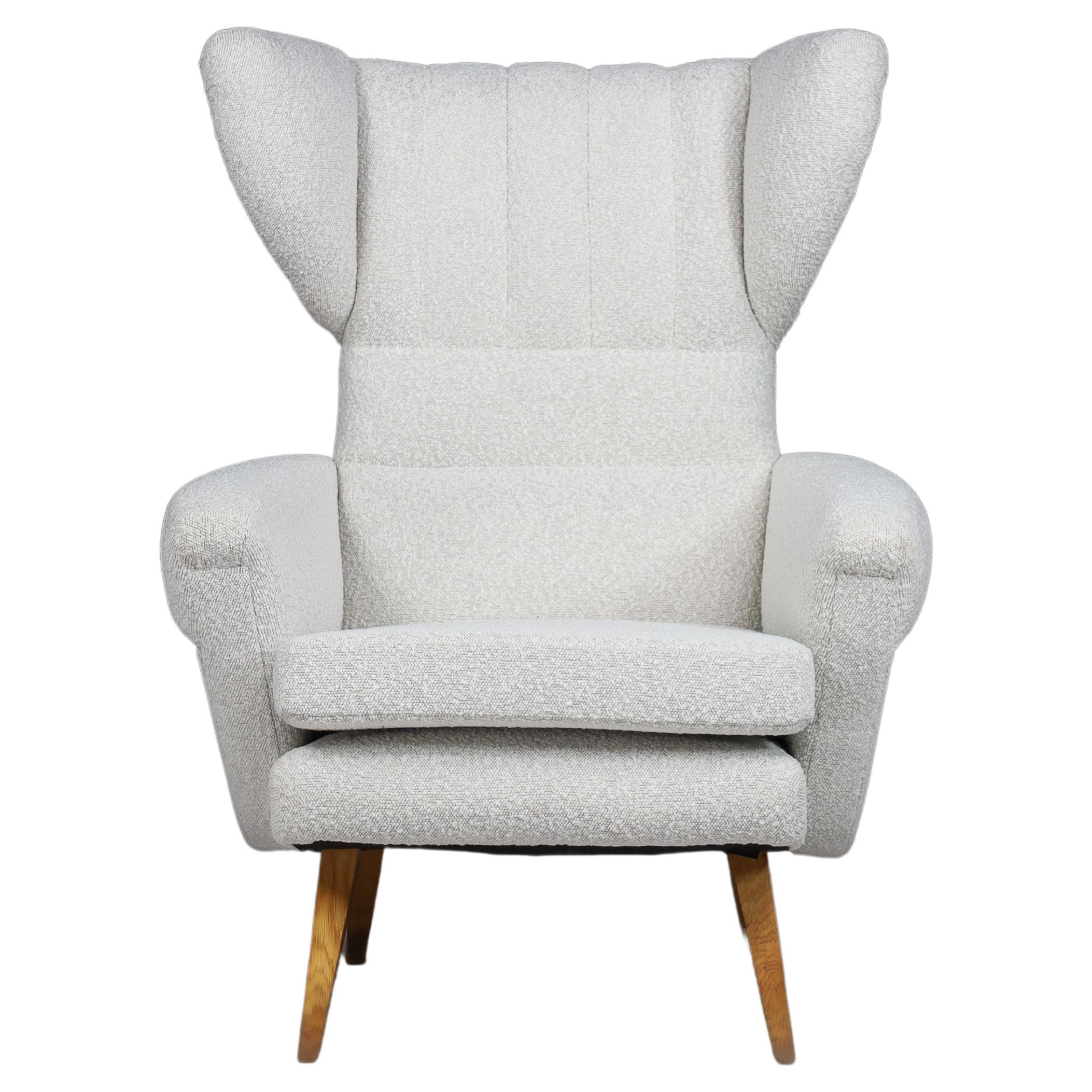 Wingback Lounge Chair in Reupholstered Bouclé Fabric, Praque 1950s