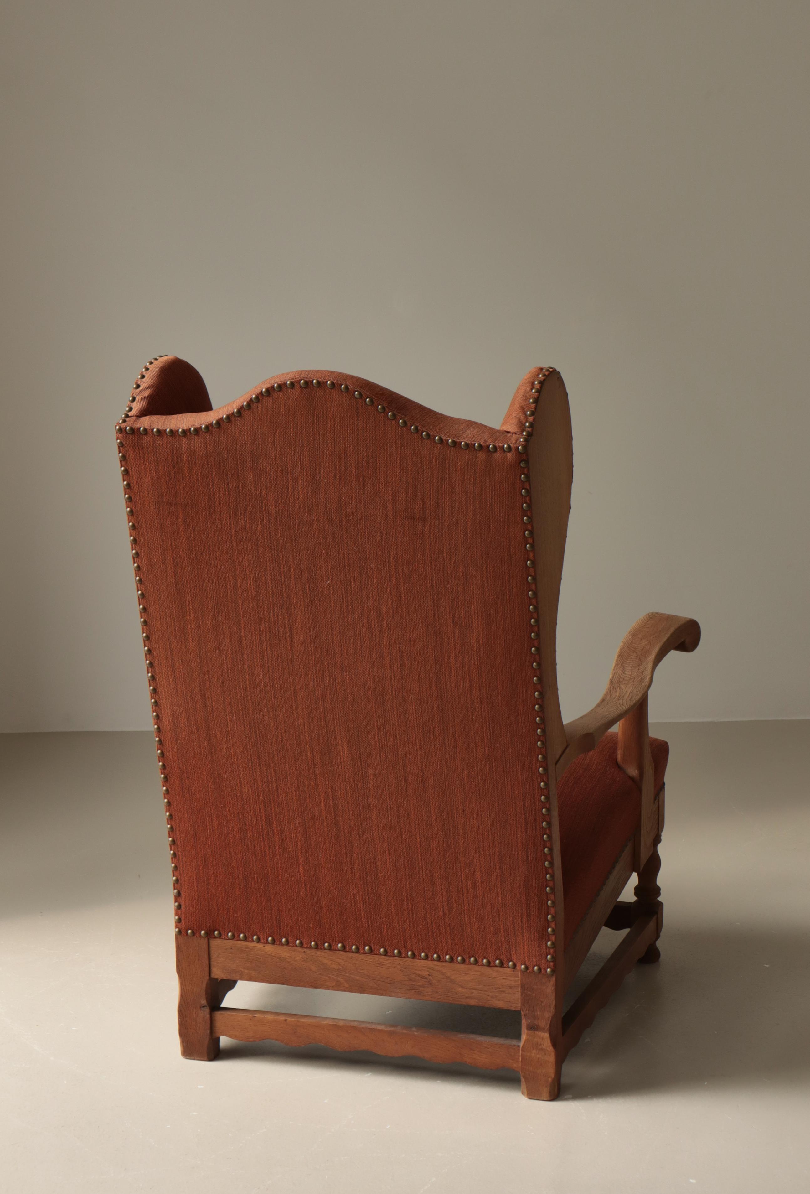 Silla Lounge Wingback de roble macizo y lana de ebanista danés, década de 1940 en venta 9