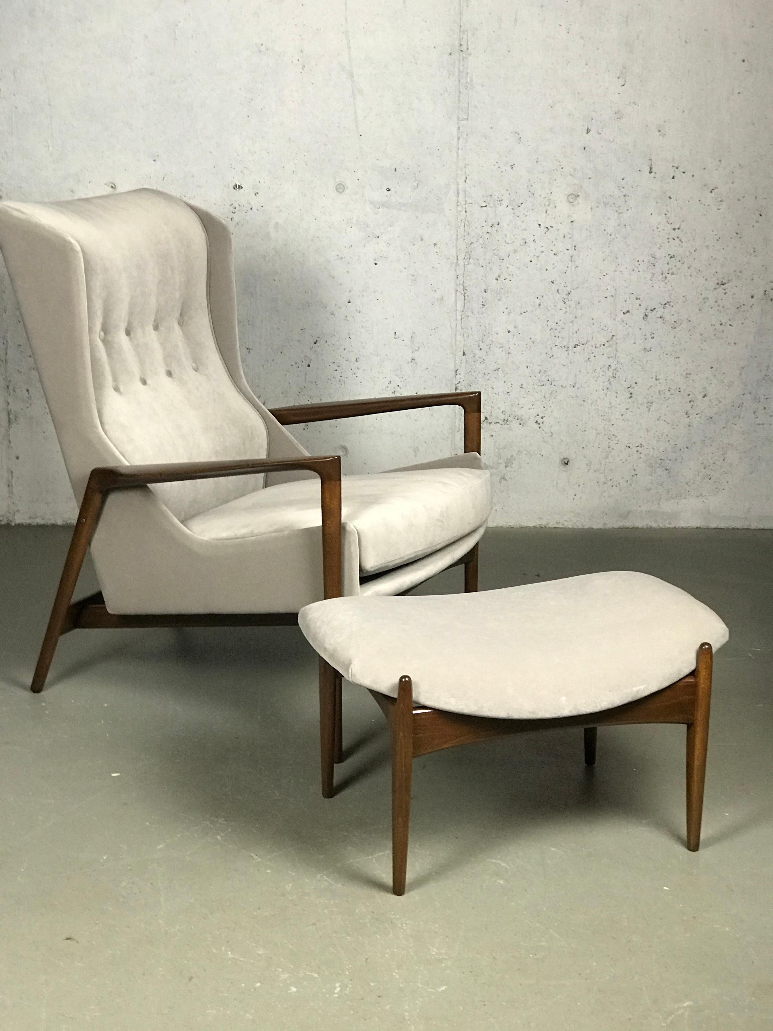 Mid-20th Century Wingback Lounge Chair and Ottoman by Ib Kofod-Larsen 