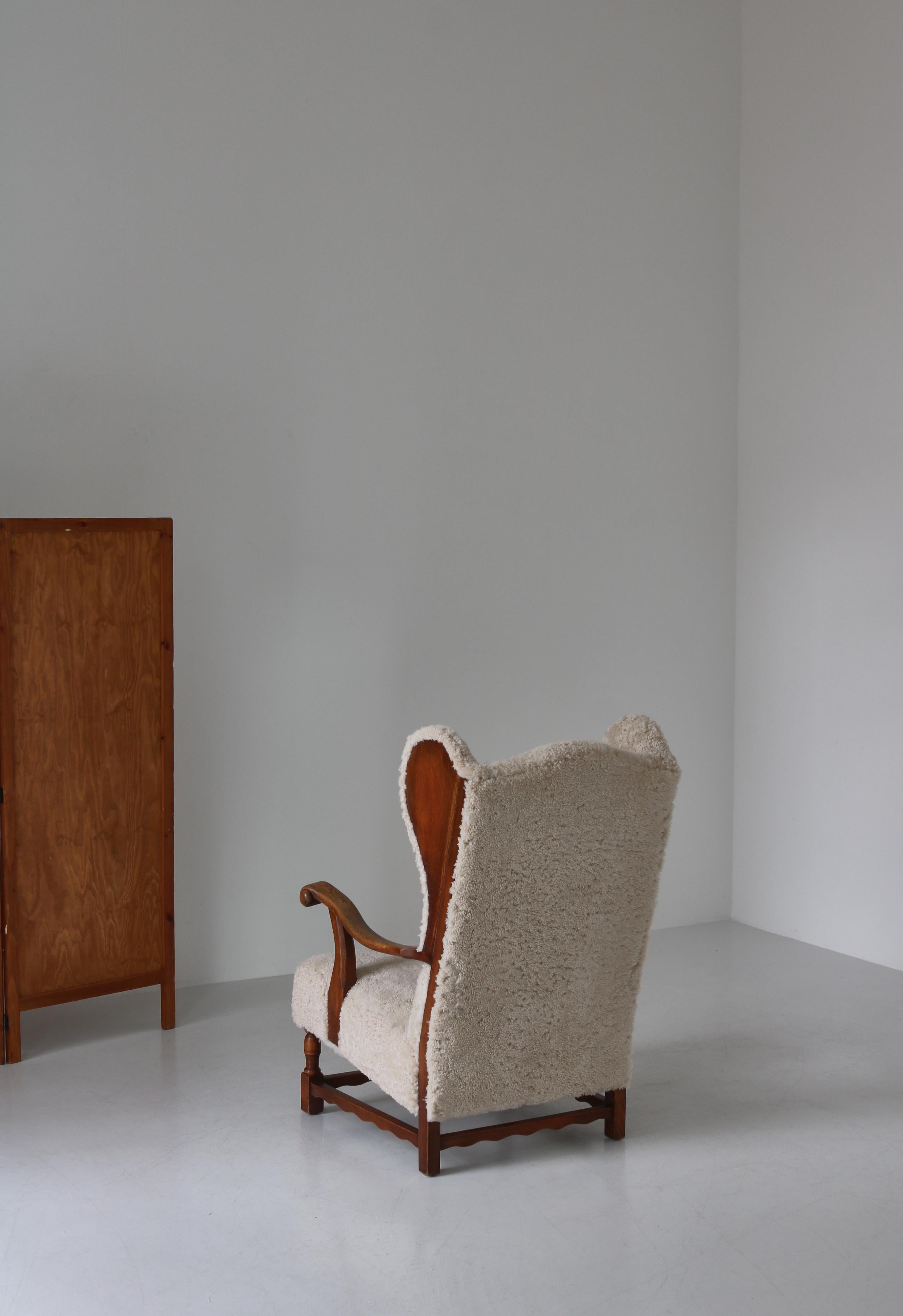 Wingback Lounge Chairs in Solid Oak and Sheepskin by Danish Cabinetmaker, 1940s 6
