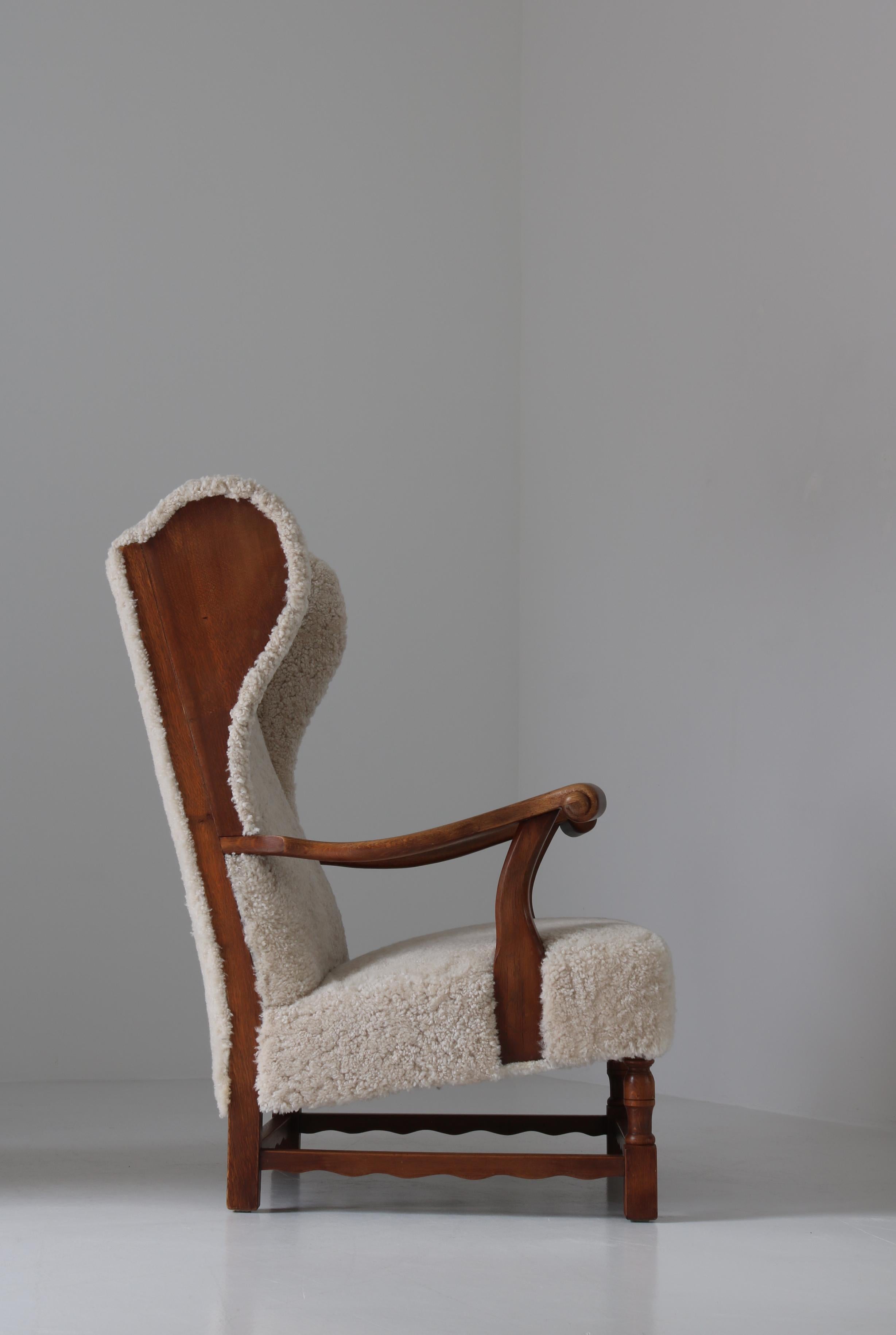 Wingback Lounge Chairs in Solid Oak and Sheepskin by Danish Cabinetmaker, 1940s 8