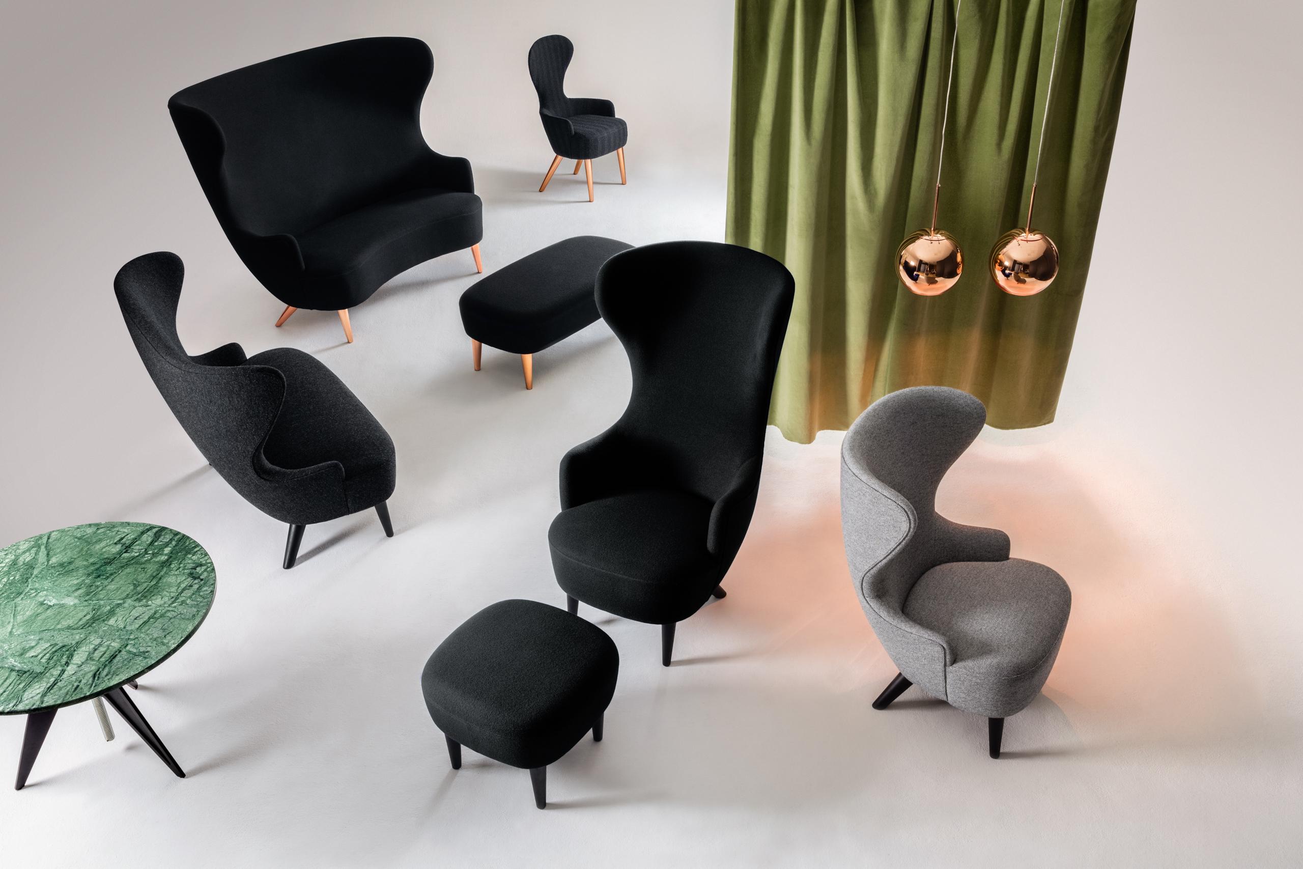 Wingback is a series of British classics re-mastered. The collection includes a chair, a dining chair, sofas and an ottoman. All are available in a wide range of colors and Kvadrat fabrics with chair legs in solid natural or black oak and