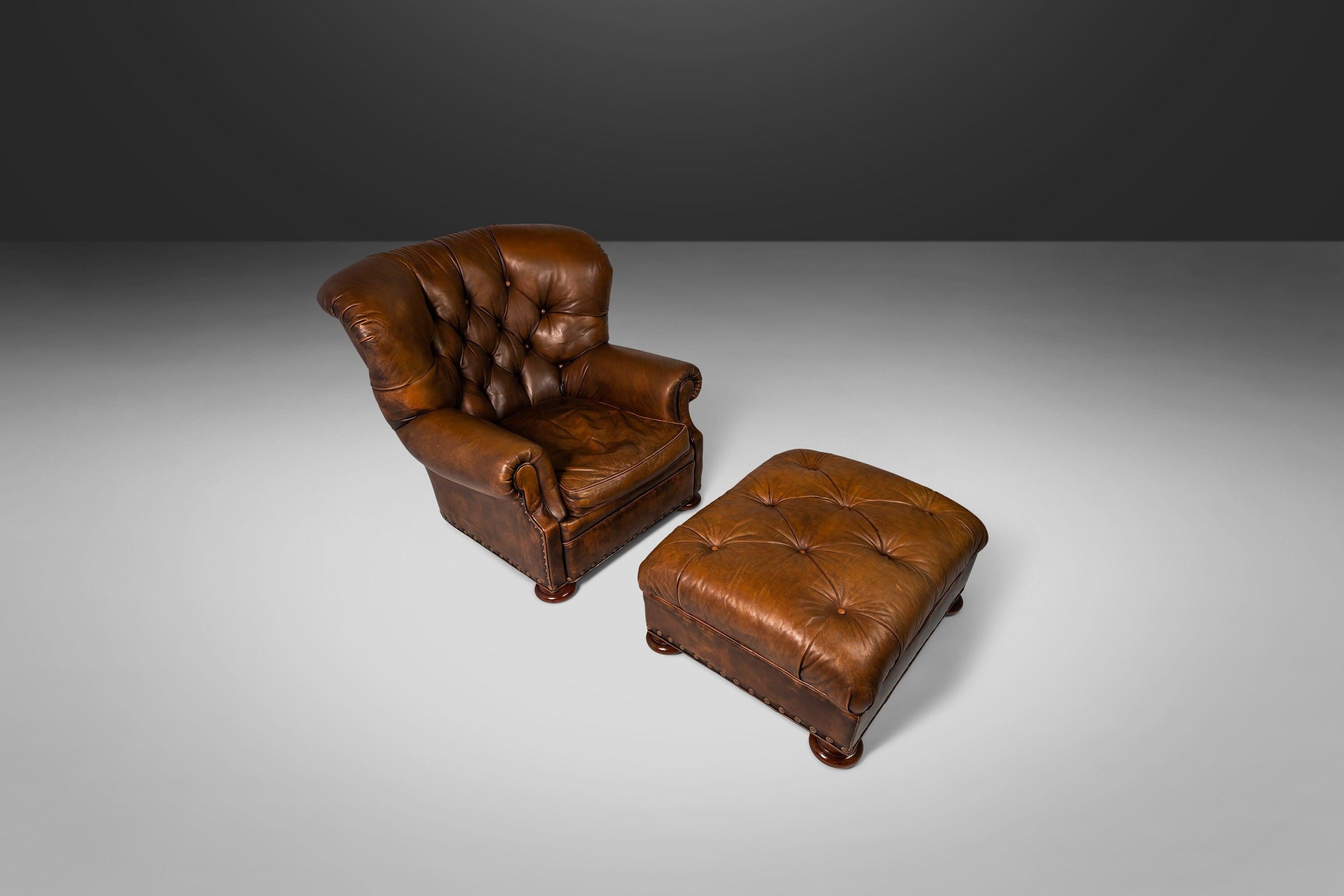 Modern Wingback Writer's Chair & Ottoman Attributed to Ralph Lauren in Original Leather