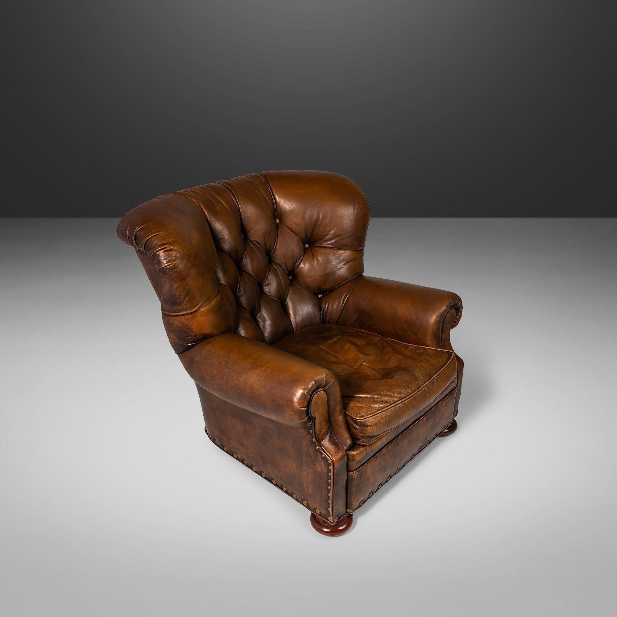 American Wingback Writer's Chair & Ottoman Attributed to Ralph Lauren in Original Leather