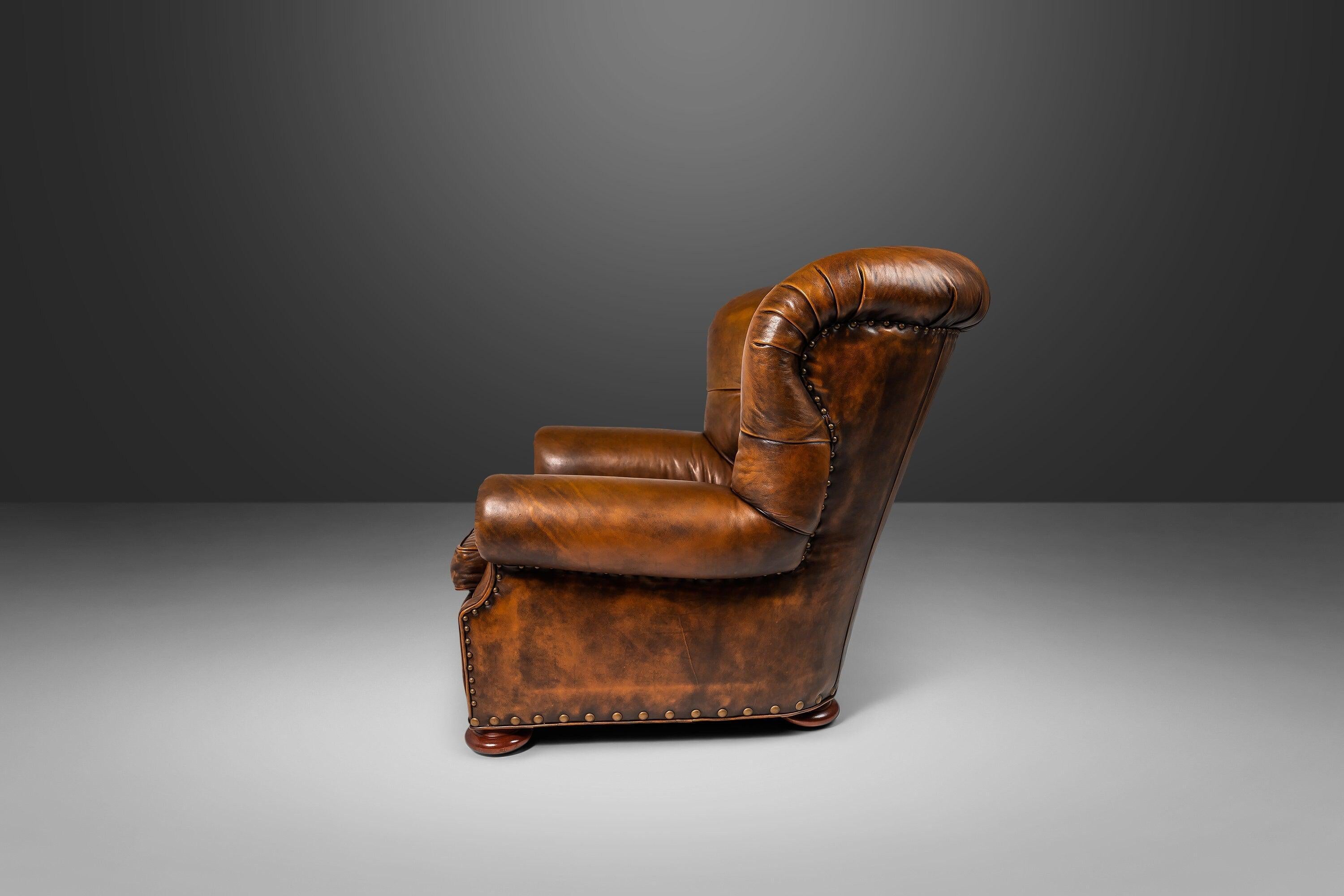 Late 20th Century Wingback Writer's Chair & Ottoman Attributed to Ralph Lauren in Original Leather