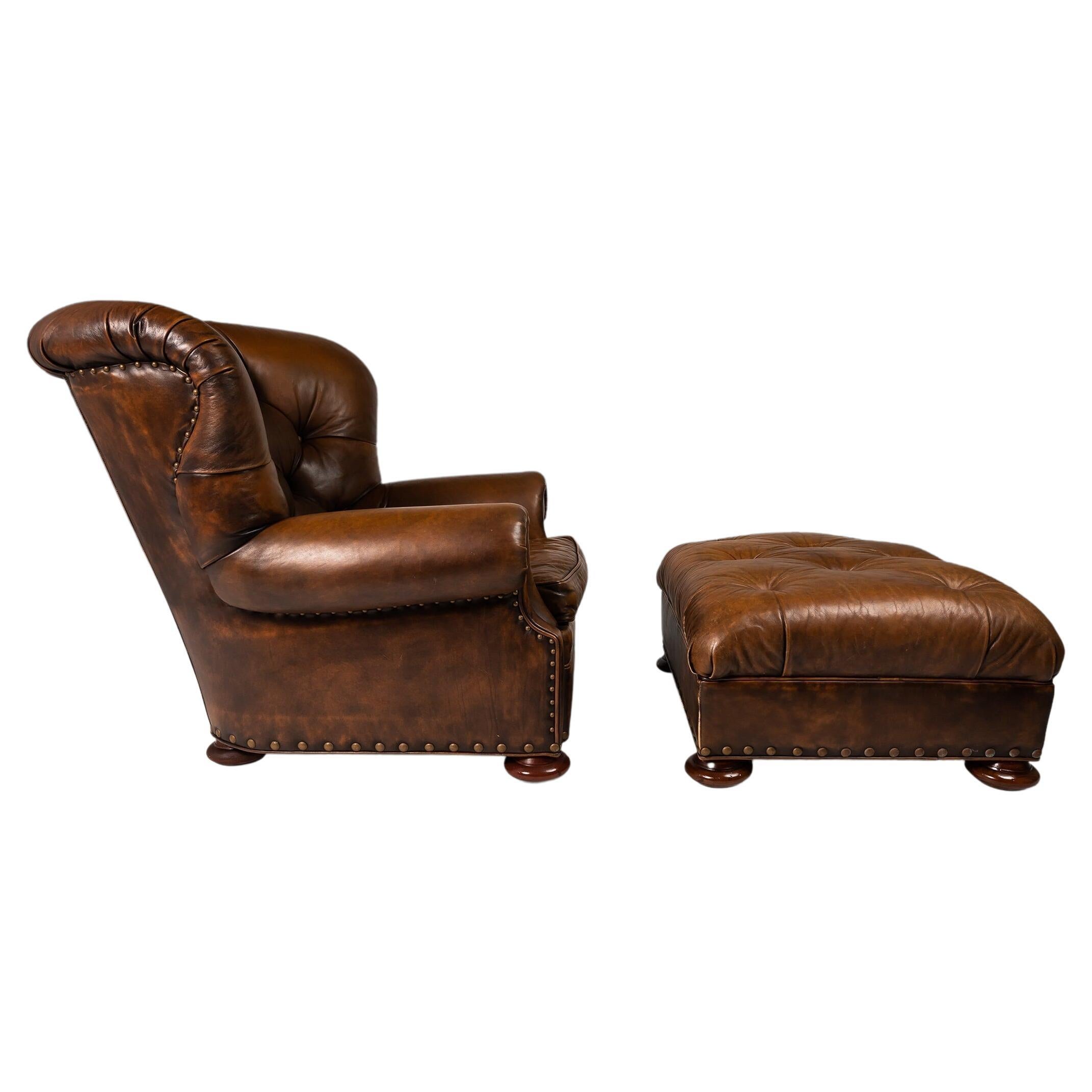 Wingback Writer's Chair & Ottoman Attributed to Ralph Lauren in Original Leather