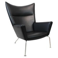 Vintage Wingchair, Model CH445, in Black Elegance Leather Designed by Hans J. Wegner