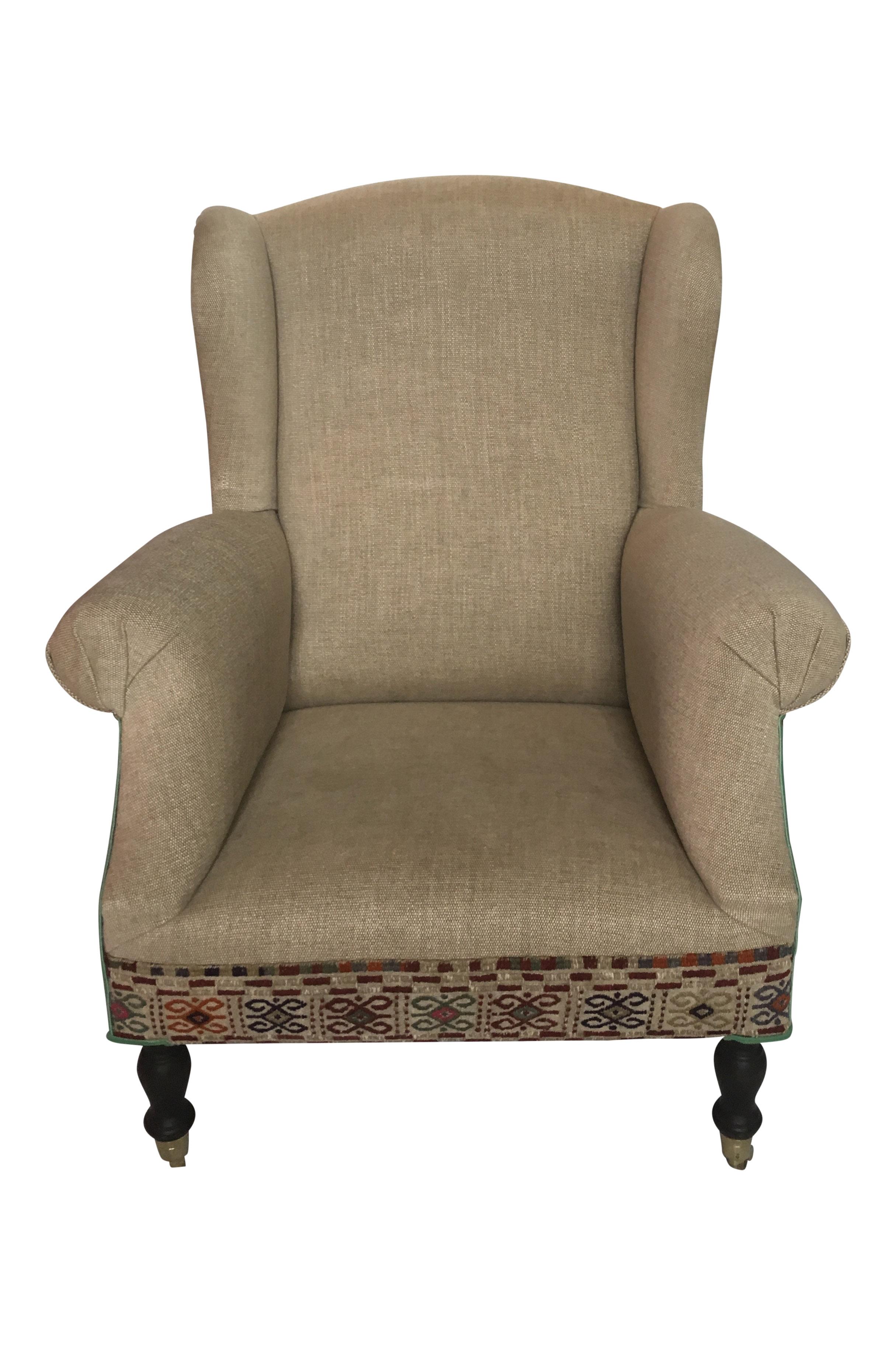 European Wingchair Queen Anne Style with Kelim Fabric