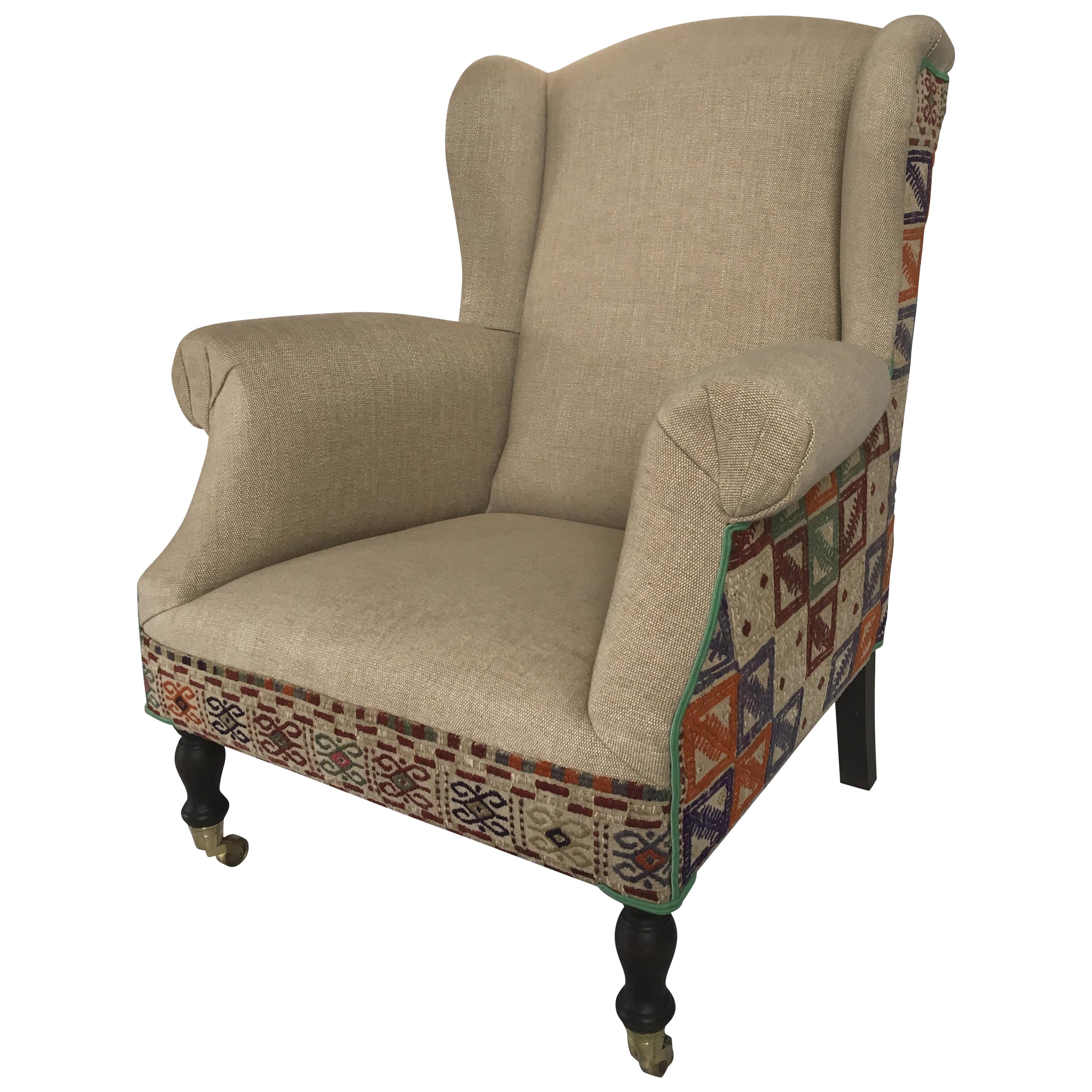 Wingchair Queen Anne Style with Kelim Fabric