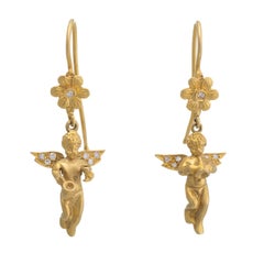Winged Angel Diamond Drop Earrings Estate 14 Karat Yellow Gold