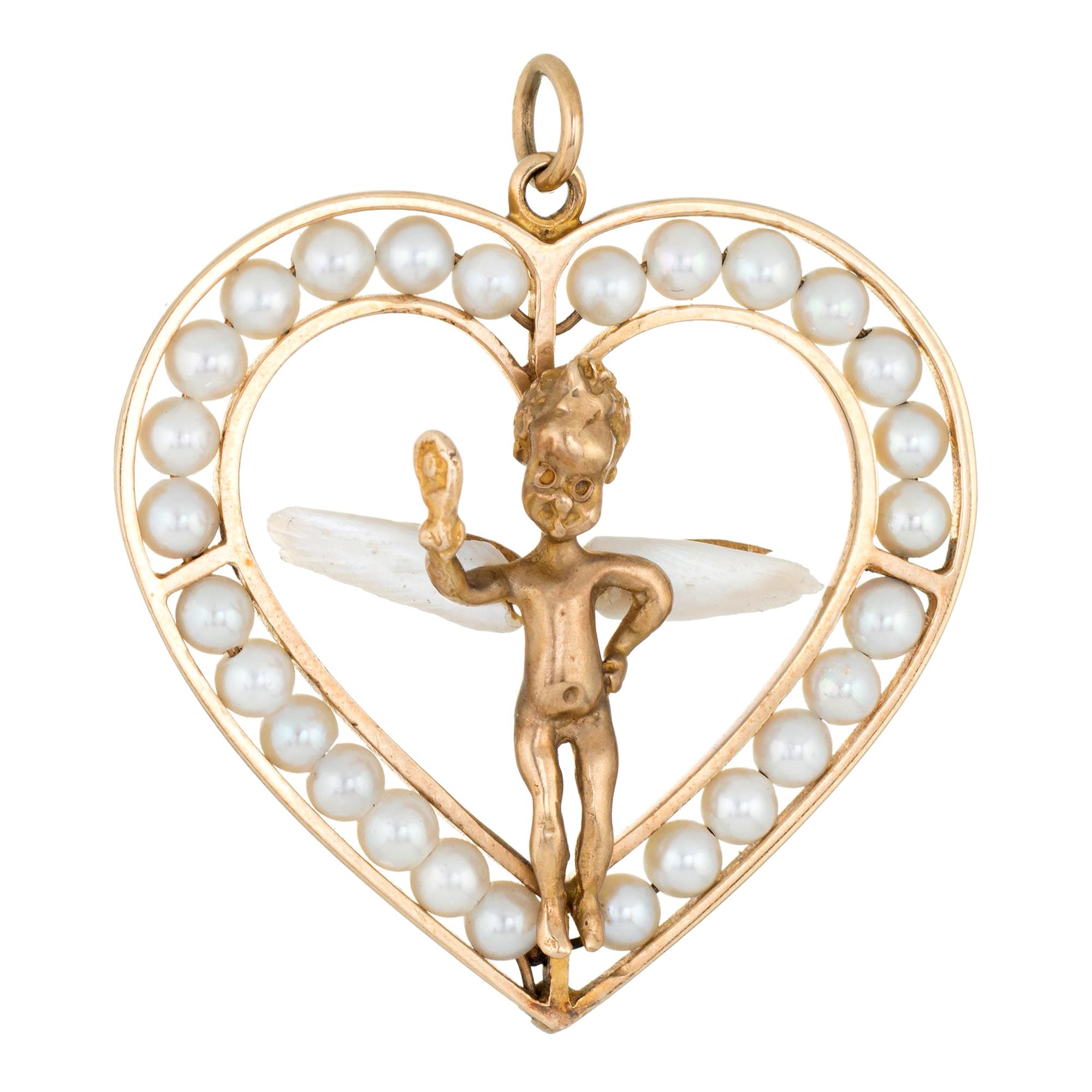 Winged Angel Heart Charm Vintage 14 Karat Gold Cultured Pearl Cherub Jewelry For Sale