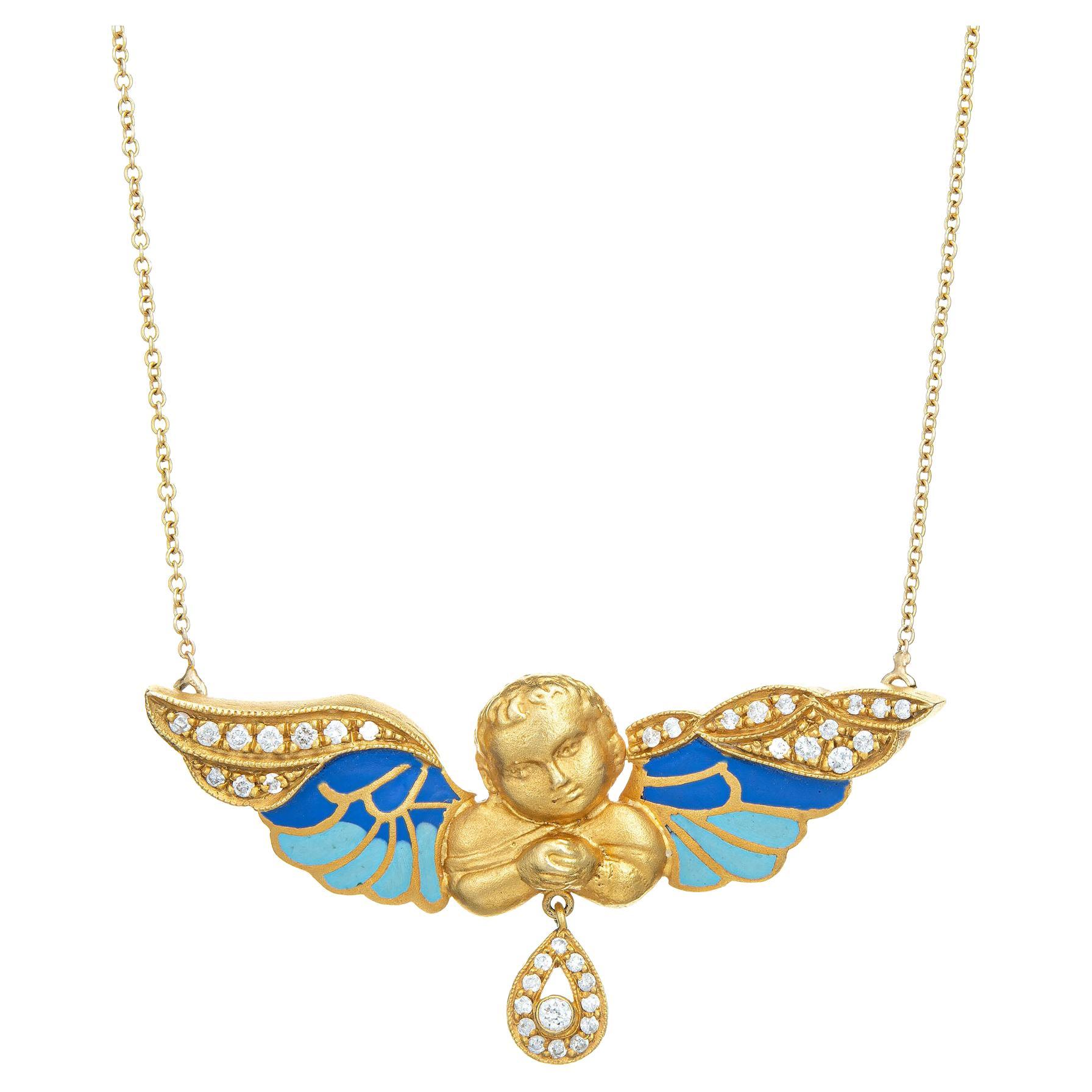 Winged Angel Necklace Diamond Enamel Vintage 14k Yellow Gold Chain Jewelry For Sale