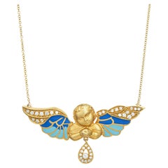 Winged Angel Necklace Diamond Enamel Vintage 14k Yellow Gold Chain Jewelry